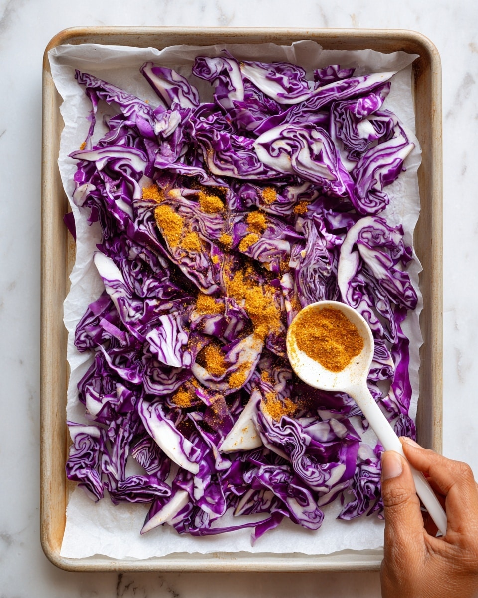 A shallow tray lined with white parchment paper holds a single thick layer of thinly sliced bright purple cabbage with white veins, spread evenly across the tray. A woman's hand is sprinkling a fine orange-yellow powder from a small white spoon onto the cabbage, creating small clusters of spice on top. The tray sits on a white marbled surface, and a woman's thumb is seen holding the corner of the parchment paper at the bottom right. The overall scene is light and colorful, showing fresh vegetables and spices in a casual kitchen setting photo taken with an iphone --ar 4:5 --v 7