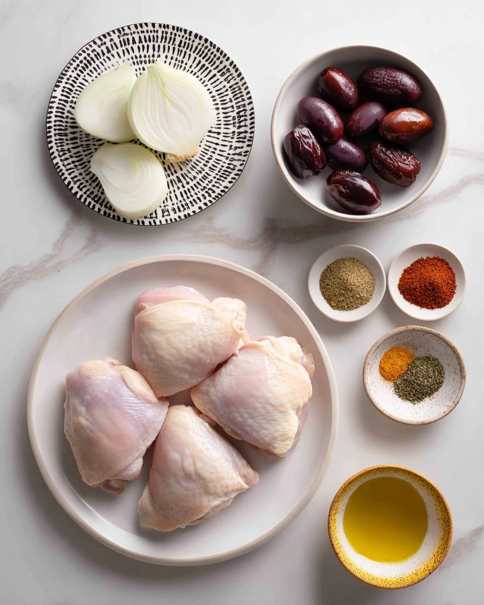 The image shows a white plate in the center with four pieces of raw chicken thighs arranged in a close group, their skin pale pink and smooth. Above and to the right, there is a white bowl holding several shiny dark brown dates, while next to it is a white bowl with speckles filled with shiny dark purple olives. To the left of the chicken plate, a smaller round plate with a zigzag black and white pattern holds two halves of a white onion with visible layers. Above this, a white round dish contains four different spices in small piles alongside two small spoons; the spices range in color from yellow brown, bright red, to a dried herb mix. Below the onion plate, a small white ceramic bowl with a rough yellow edge contains golden olive oil. All items are set on a white marbled surface. photo taken with an iphone --ar 4:5 --v 7