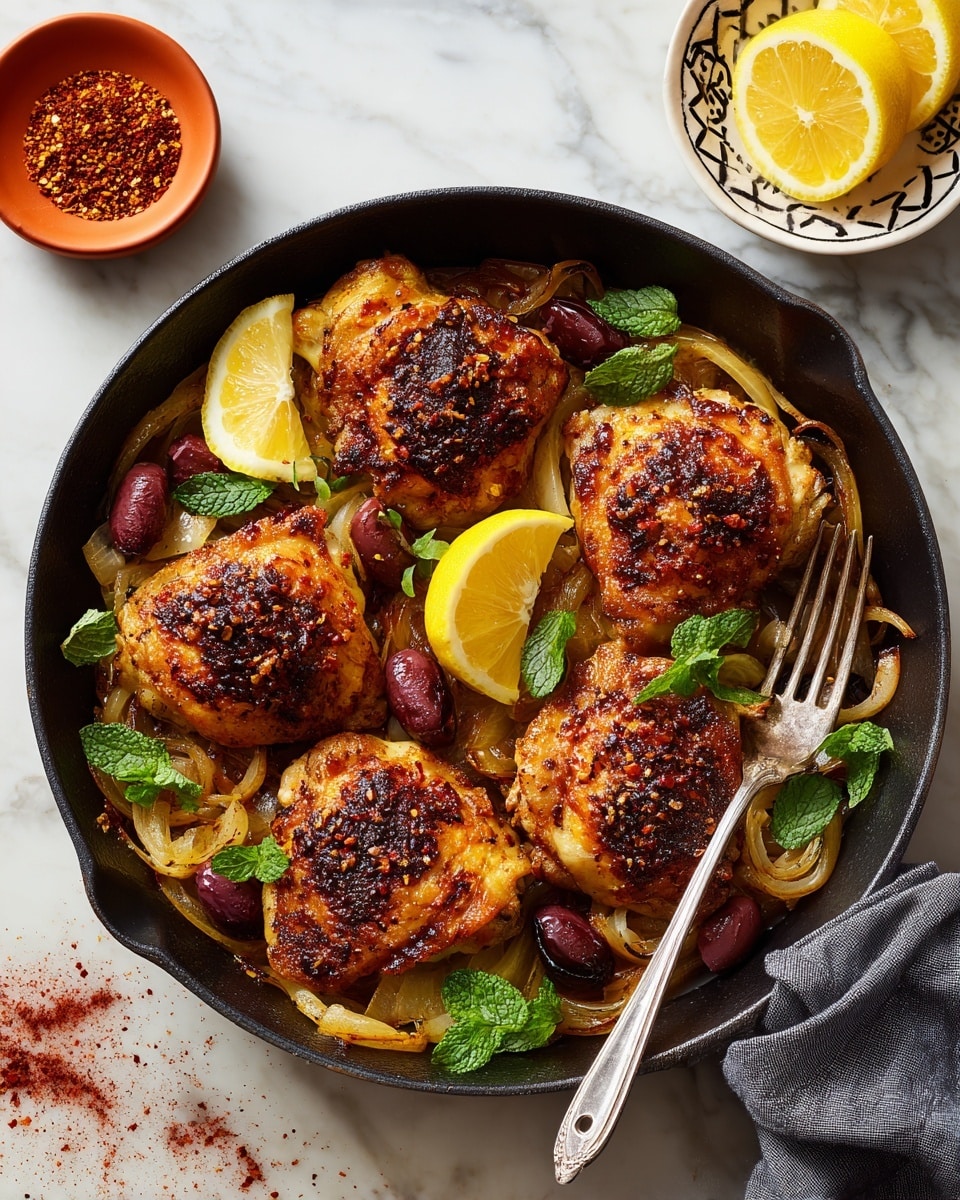 A white bowl with a thin reddish-brown rim holds a dish starting with a base layer of fluffy white rice. On top of the rice are golden-brown grilled pieces of chicken with a slightly charred texture, garnished with a fresh green mint leaf. Surrounding the chicken are caramelized yellowish-orange onion slices and dark red, glossy olives. A thick lemon wedge with bright yellow flesh rests on the edge of the bowl. The dish is set on a white marbled surface with a soft peach-colored cloth to the left and a silver fork partially inserted into the chicken on the right side. Photo taken with an iphone --ar 4:5 --v 7