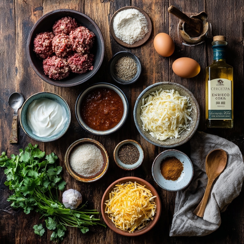 A white bowl filled with soft white rice as the base layer, topped on one side with a fresh mix of shredded green lettuce and small diced red tomatoes, drizzled with white dressing and sprinkled with black pepper. On the other side, there are four browned meatballs covered in melted yellow cheddar cheese and a rich red sauce, all garnished with chopped green herbs. The bowl is placed on a white marbled surface, with a green drink in a textured glass and a lime wedge nearby. Photo taken with an iphone --ar 4:5 --v 7