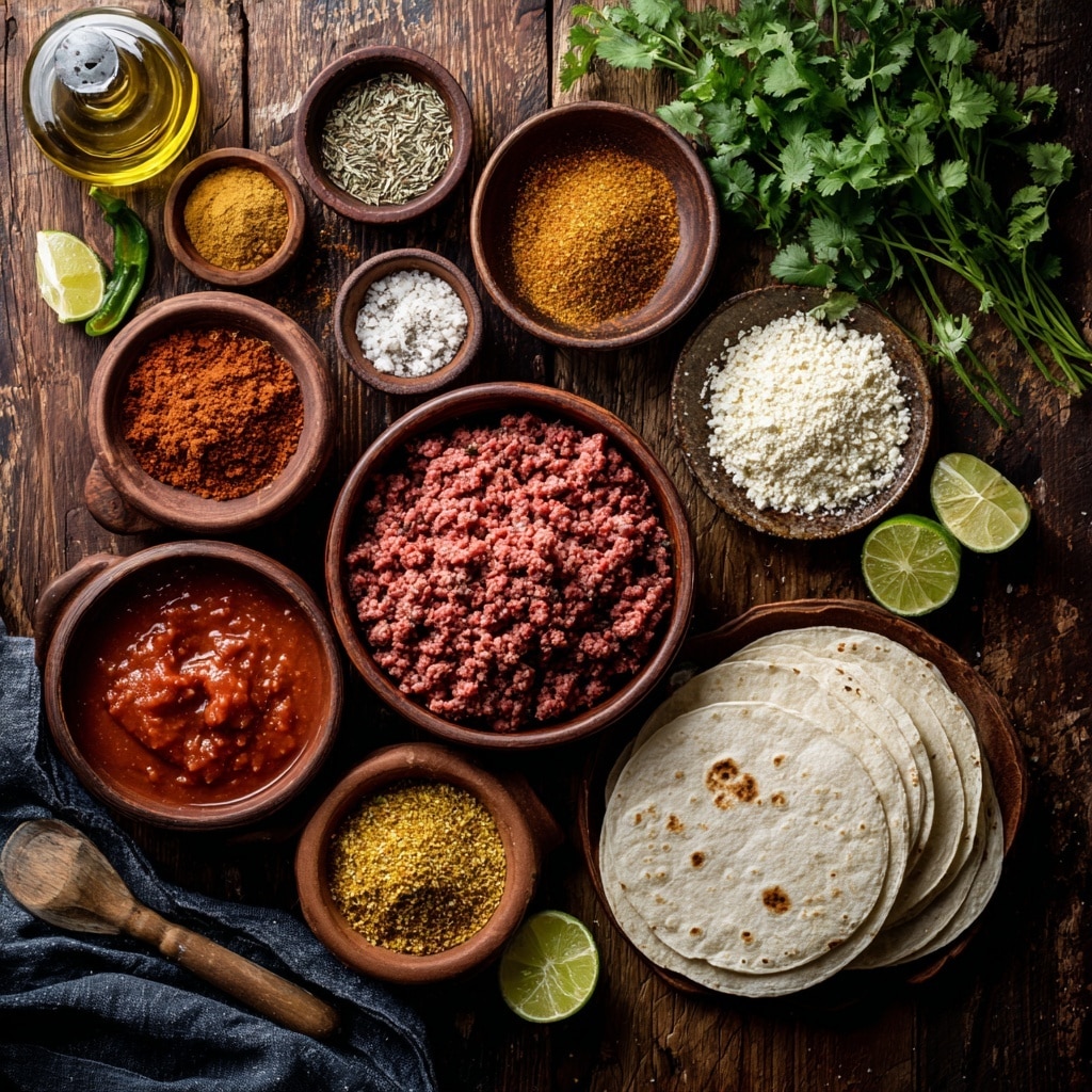 The image shows two close-up views of cooked ground beef in a white pot on a white marbled surface. On the left side, there is a layer of cooked ground beef with a mix of red, white, and yellow spices sprinkled on top, creating a colorful contrast on the brown meat. On the right side, the ground beef is fully mixed with the spices, showing a uniform dark brown color with a slightly oily texture, and a wooden spoon resting inside the pot. The pot edge is visible, and the surface underneath is smooth with a white marbled texture. Photo taken with an iphone --ar 4:5 --v 7