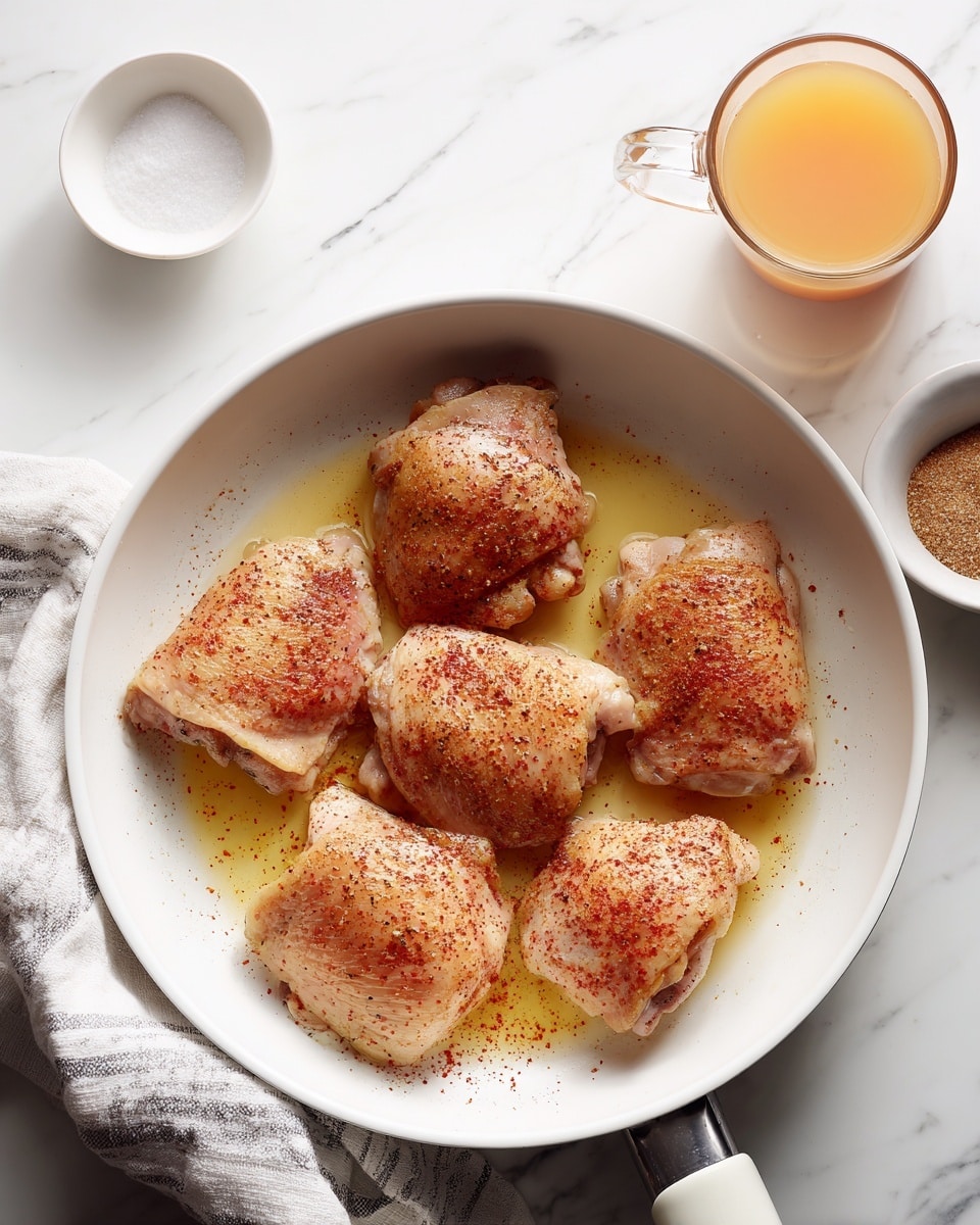 A white speckled pan holds several pieces of cooked chicken covered in a light orange creamy sauce with small bits of herbs and spices visible throughout. The chicken pieces are golden brown with a slightly crispy texture at the edges. The sauce is thick and smooth, with some green chopped herbs sprinkled on top, adding a fresh detail. A metal spatula lifts one piece of chicken, showing the sauce coating its surface. The background is a white marbled texture photo taken with an iphone --ar 4:5 --v 7