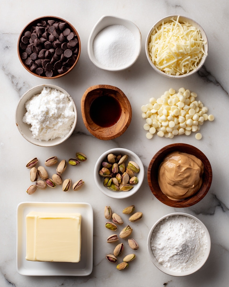 The image shows an arrangement of ten small bowls placed on a white marbled surface, each containing different ingredients. From top left to bottom right, there is a bowl filled with dark brown chocolate chips, a bowl of light yellow shredded cheese, a small bowl with white coconut oil, a small bowl with a dark brown liquid (likely vanilla or soy sauce), a bowl of shelled pistachios with some nuts scattered nearby, a small wooden bowl holding coarse white salt, a white square dish with a block of pale yellow butter, a bowl with light brown tahini or nut butter, a bowl of white powdered sugar, and lastly a bowl filled with white chocolate chips. The layout is neat, evenly spaced, and the colors vary with various shades of brown, white, and yellow. Photo taken with an iphone --ar 4:5 --v 7