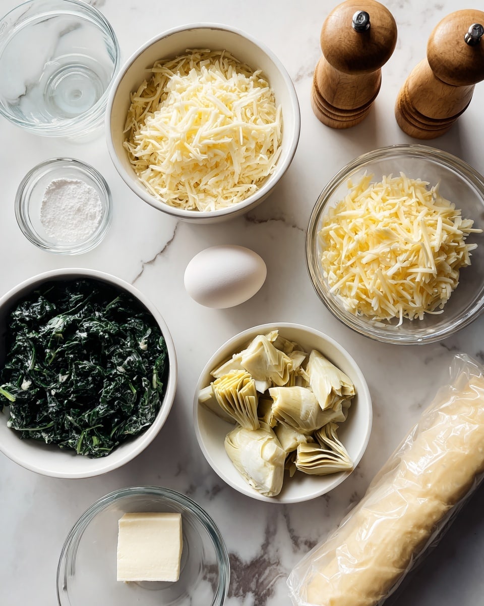 The image shows several small bowls and containers on a white marbled surface, each with different cooking ingredients. There is a white bowl filled with shredded cheese, a smaller white bowl containing chopped cooked spinach, and another white bowl with chopped artichokes. Near the bowls, there are clear glass containers, one empty and one with a small amount of a white ingredient like an egg. Also present are two wooden salt and pepper shakers, a wrapped block of cream cheese, a rolled piece of dough or pastry, and a white egg. Everything is neatly arranged and clearly visible. photo taken with an iphone --ar 4:5 --v 7