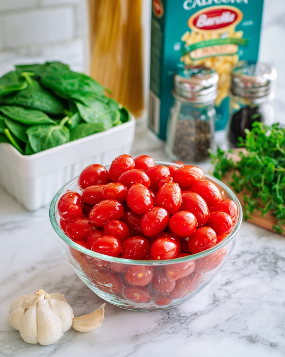 A clear glass bowl filled with many small, shiny red grape tomatoes sits in the front center on a white marbled surface. To the left, there is a bag of fresh green baby spinach standing upright behind a white rectangular container of feta cheese and three garlic cloves laid out beside it. Behind the glass bowl, a blue box of Barilla Campanelle pasta stands tall. To the right of the pasta box, there is a dark green bottle of California extra virgin olive oil, a clear salt grinder, and a clear pepper grinder next to a small bunch of fresh green herbs including basil and parsley. The background is a white marbled texture. Photo taken with an iphone --ar 4:5 --v 7