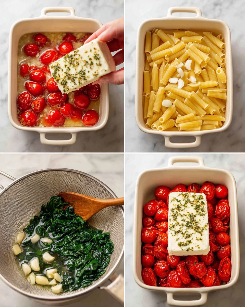 A white rectangular baking dish filled with a pasta bake featuring three main visible layers: the curly pasta with a light yellow color, scattered bright red cherry tomatoes, and dark green spinach leaves mixed evenly throughout. The pasta looks creamy with a slight baked golden crust around the edges. A wooden spoon with some pasta on it rests inside the dish on the left, showing a creamy, textured mix with small specks of black pepper. The dish is placed on a wooden board atop a white marbled surface, with some loose red cherry tomatoes and green basil leaves nearby. photo taken with an iphone --ar 4:5 --v 7