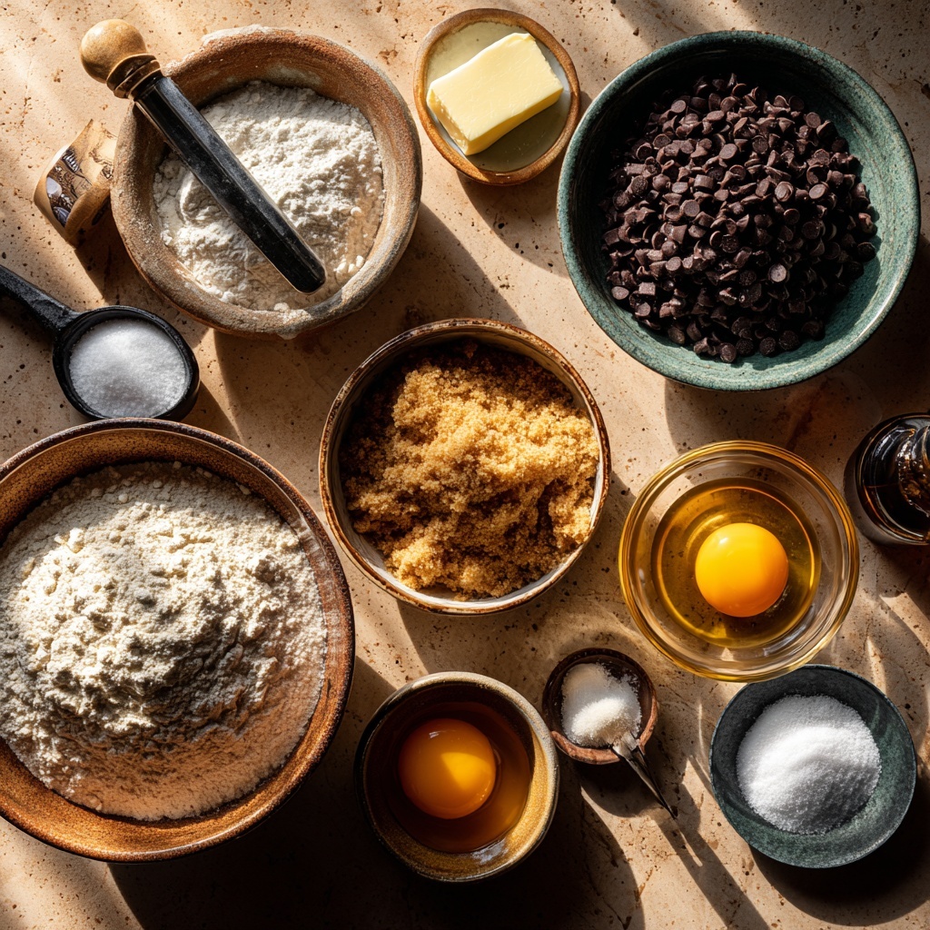 A clear glass bowl filled halfway with light brown cookie dough, thick and smooth in texture. On one side of the bowl, there is a large pile of dark brown chocolate chips, resting on top of the dough. A wooden spoon is partially digging into the dough, lifting some of it up. The bowl is set on a white marbled surface. photo taken with an iphone --ar 4:5 --v 7