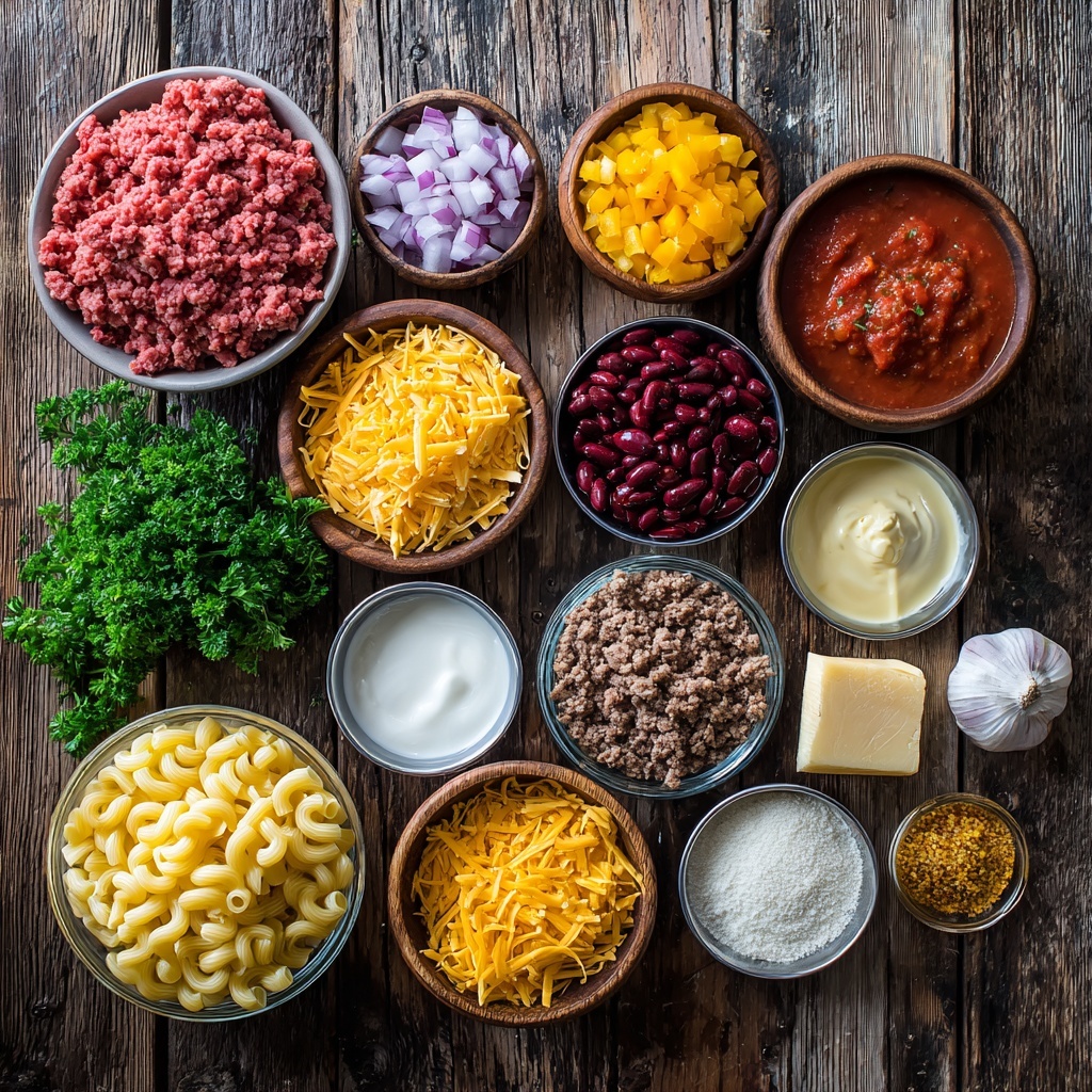 A white round pot filled with three layers of food: the bottom layer is small curly pasta in a light orange sauce, the middle layer has visible pieces of brown ground meat and dark red kidney beans mixed in with bits of red tomatoes, and the top layer is melted bright orange cheese with a shiny texture, sprinkled lightly with green parsley. The pot has green handles and sits on a white marbled surface. Photo taken with an iphone --ar 4:5 --v 7