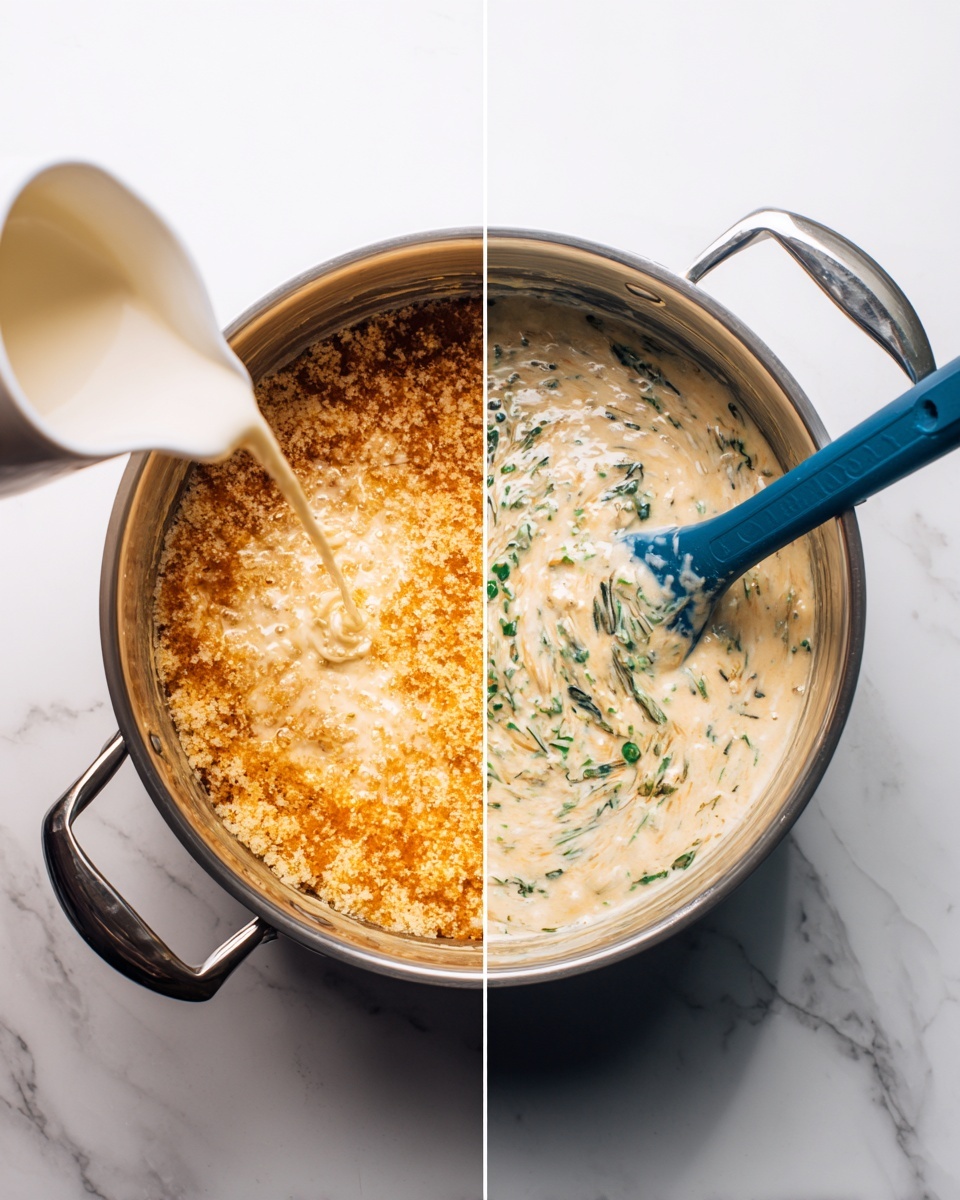 The image shows two side-by-side views of a metal pot with two handles on a white marbled surface. In the left view, the pot contains a golden-orange textured mixture, likely rice or grains, being poured with a creamy white liquid from a white pitcher. In the right view, the same pot now holds a creamy, pale beige mixture with visible green leafy bits stirred by a blue spatula, showing a soft, thick texture with a mix of creamy and leafy layers. Photo taken with an iphone --ar 4:5 --v 7