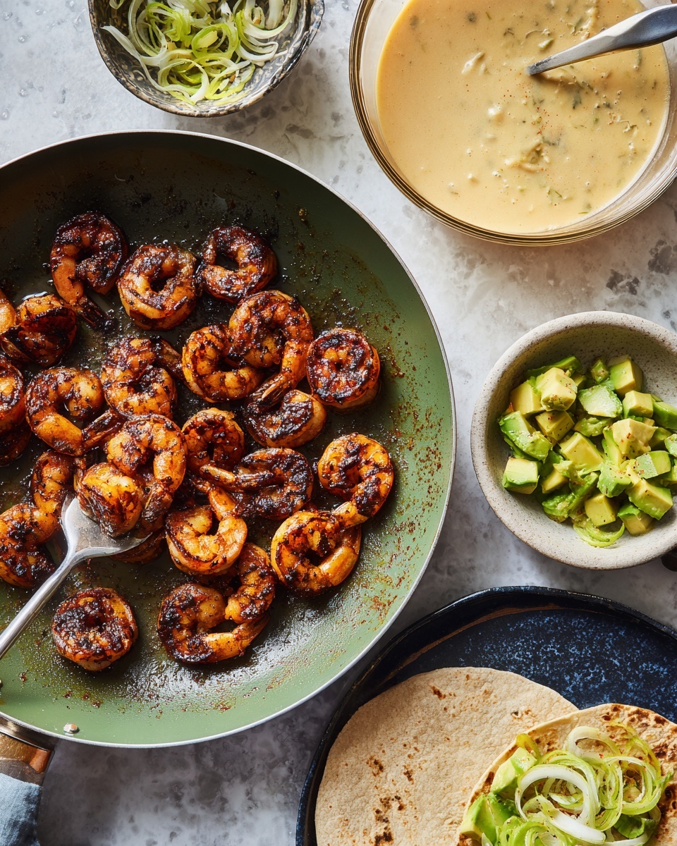 The first part of the image shows a green pan filled with round, dark reddish-brown cooked shrimp, each with charred spots and slightly curled shapes, sitting on a white marbled surface. The second part of the image shows a cooking pan with the same shrimp, a large clear glass bowl filled with creamy, light beige sauce and thin strips of onion, a small white plate with diced green avocado pieces, and a stack of white tortillas being filled on a black plate with a layer of creamy sauce, diced avocado, and a single cooked shrimp. A silver utensil is holding some shrimp in the pan. Photo taken with an iphone --ar 4:5 --v 7