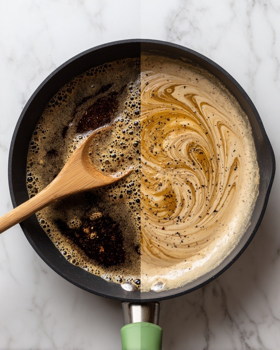 The image shows two stages of sauce cooking in a black pan on a white marbled surface. On the left, the sauce is dark brown with bubbling foam around the edges, and a wooden spoon stirs it from the top center. On the right, the sauce has turned lighter, creamy beige with swirls of golden brown and specks of black pepper spread on top. The pan is the same in both pictures, with a green handle visible, and the texture of the sauce moves from rough bubbling to smooth and creamy. photo taken with an iphone --ar 4:5 --v 7