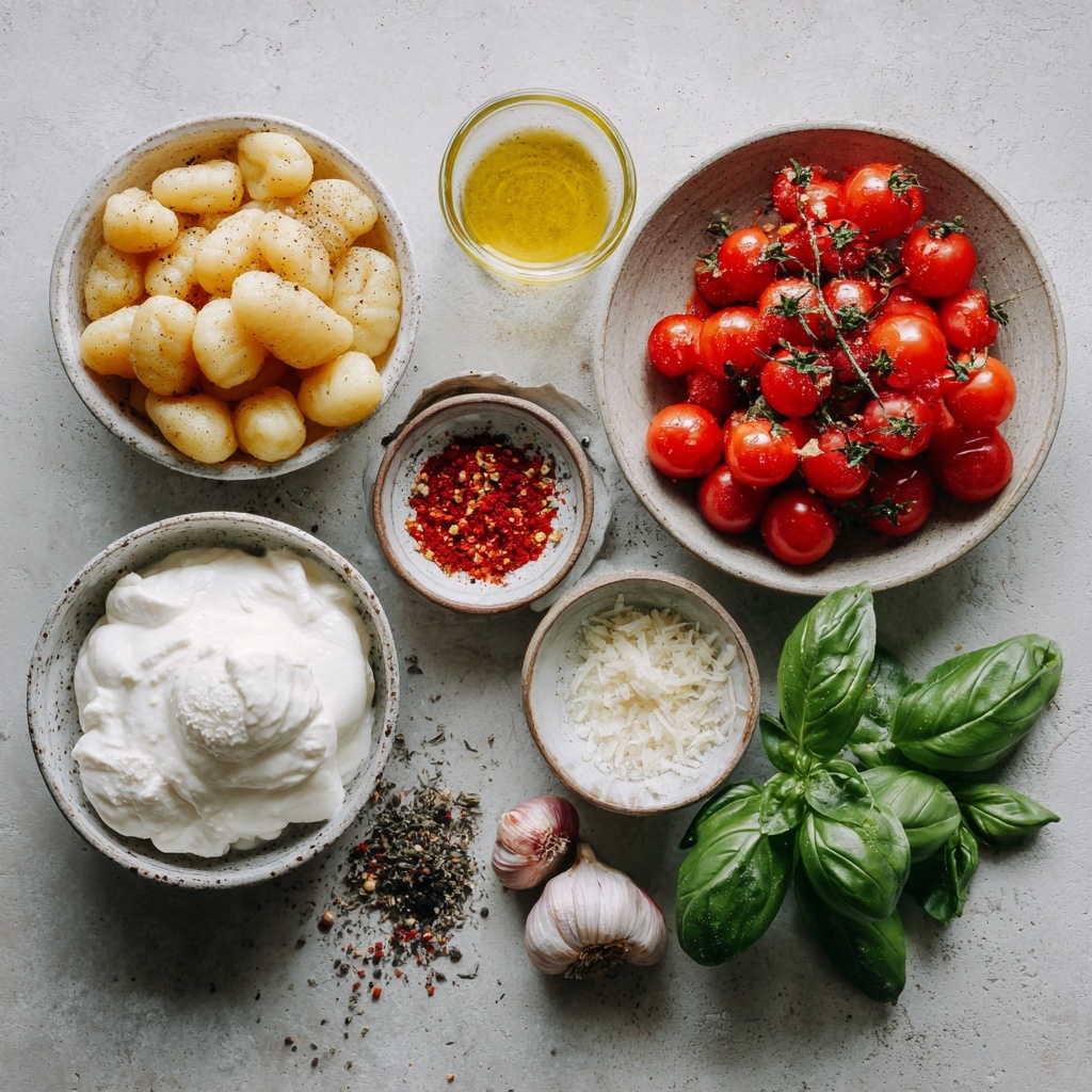 The image shows two close-up views side by side. On the left, there is a black pan filled with whole roasted cherry tomatoes in red and yellow shades with a few cloves of peeled garlic mixed in. The tomatoes have a wrinkled, roasted texture with some shine from oil. On the right, the same cherry tomatoes are cooked in a creamy orange sauce that lightly covers and surrounds them, creating a smooth, thick texture with visible whole tomatoes and small bits of other ingredients in the mixture. The background surface is a white marbled texture photo taken with an iphone --ar 4:5 --v 7