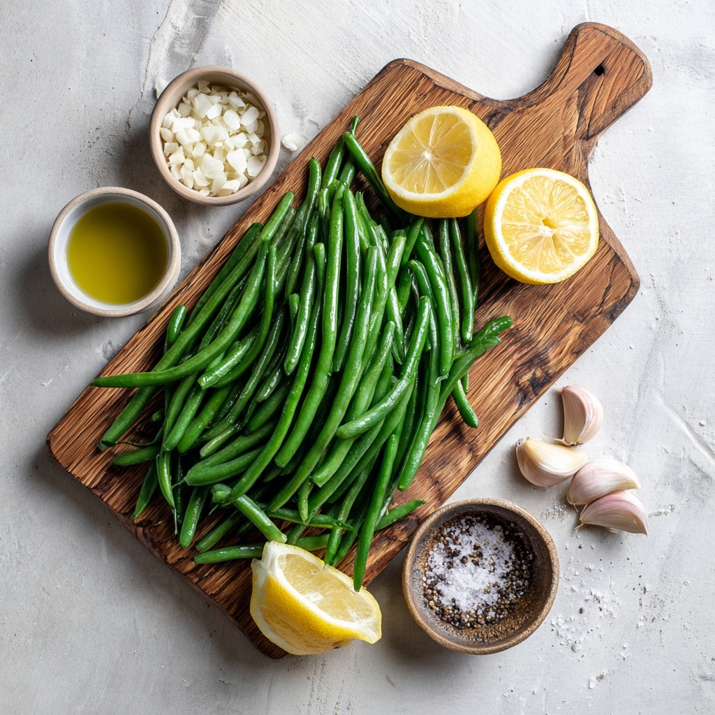 A white speckled plate holds a serving of cooked green beans on the right side, their glossy dark green color dotted with small pieces of garlic. On the left side of the plate, there are two pieces of white fish fillets topped with a mix of halved cherry tomatoes in bright red, sliced green and black olives, and thin slices of light pink onion. The dish rests on a white marbled surface with a whole garlic bulb placed to the upper right of the plate. photo taken with an iphone --ar 4:5 --v 7