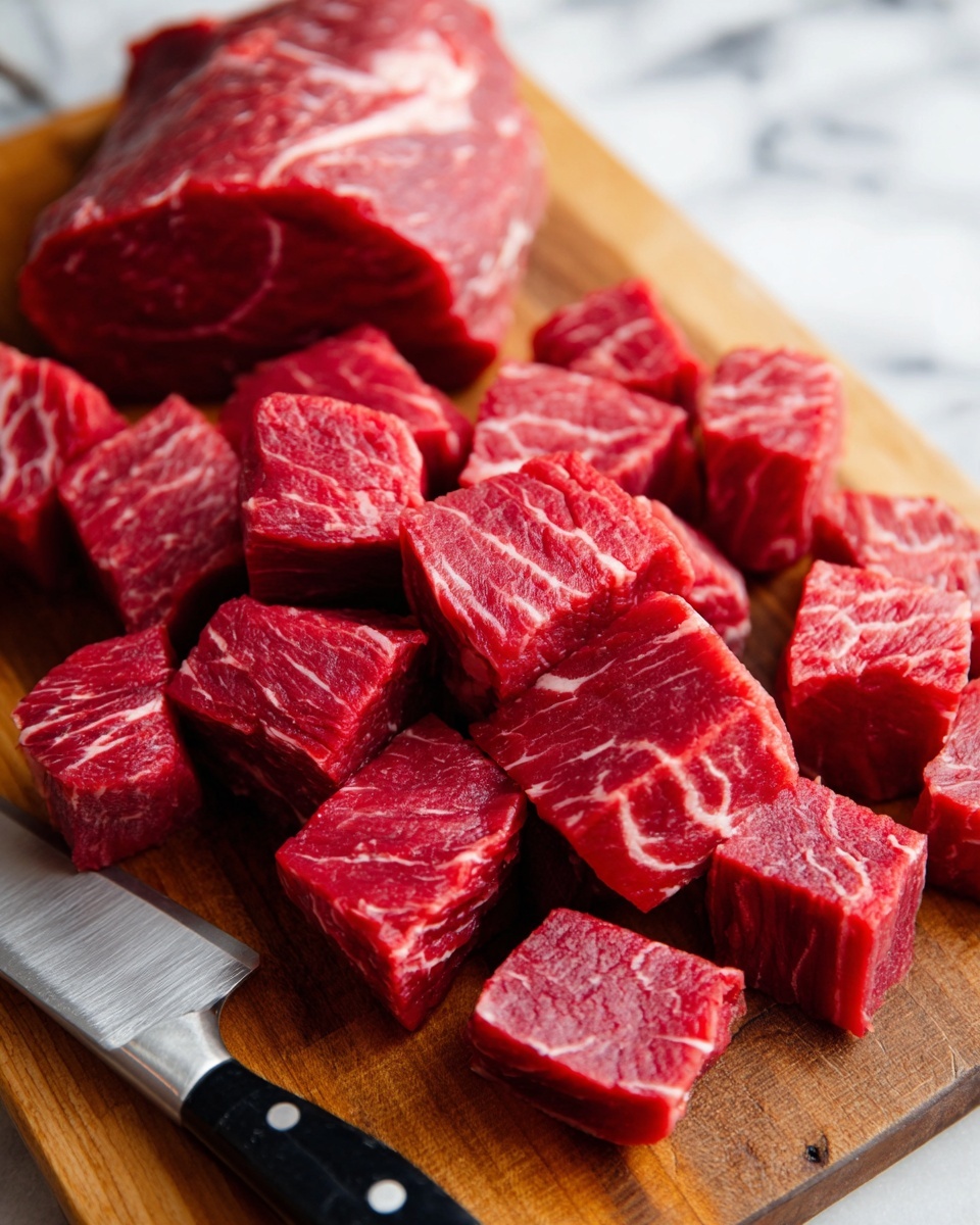 The image shows many pieces of bright red raw beef, cut into cubes with white marbling lines running through them. The beef cubes are spread closely together on a wooden board. A shiny large knife with a black handle lies on the left side of the board, partially under some beef cubes. A larger chunk of raw beef is placed near the top left corner of the wooden board. The background is a white marbled texture. photo taken with an iphone --ar 4:5 --v 7
