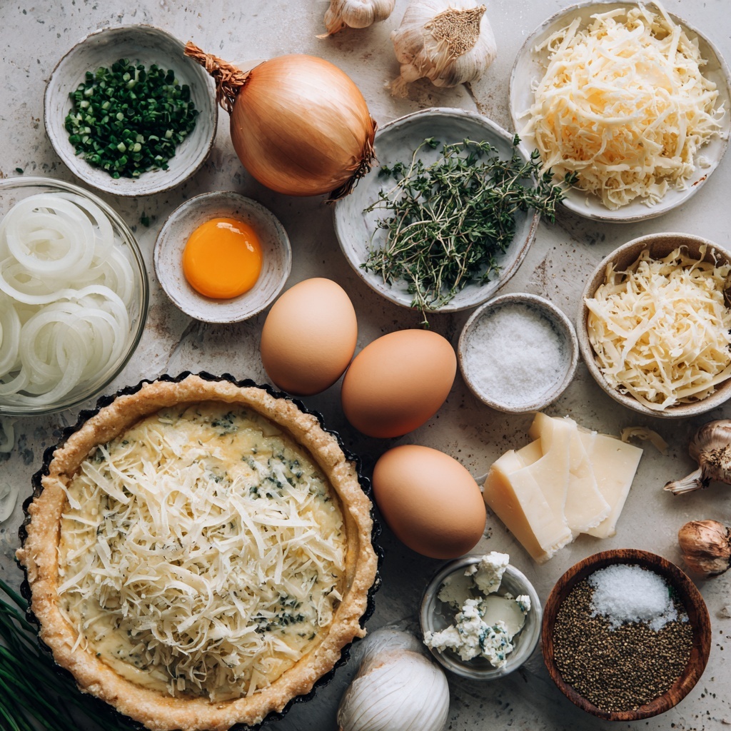 The image shows a savory pie with a golden-brown crust that is thick and crimped around the edges. The filling is creamy with a light yellow and white base, speckled with green herbs and small dark seeds. The surface of the filling is slightly browned in places, giving it a baked look. The pie is placed on a white marbled textured surface, adding a rustic feel to the image. Photo taken with an iphone --ar 4:5 --v 7