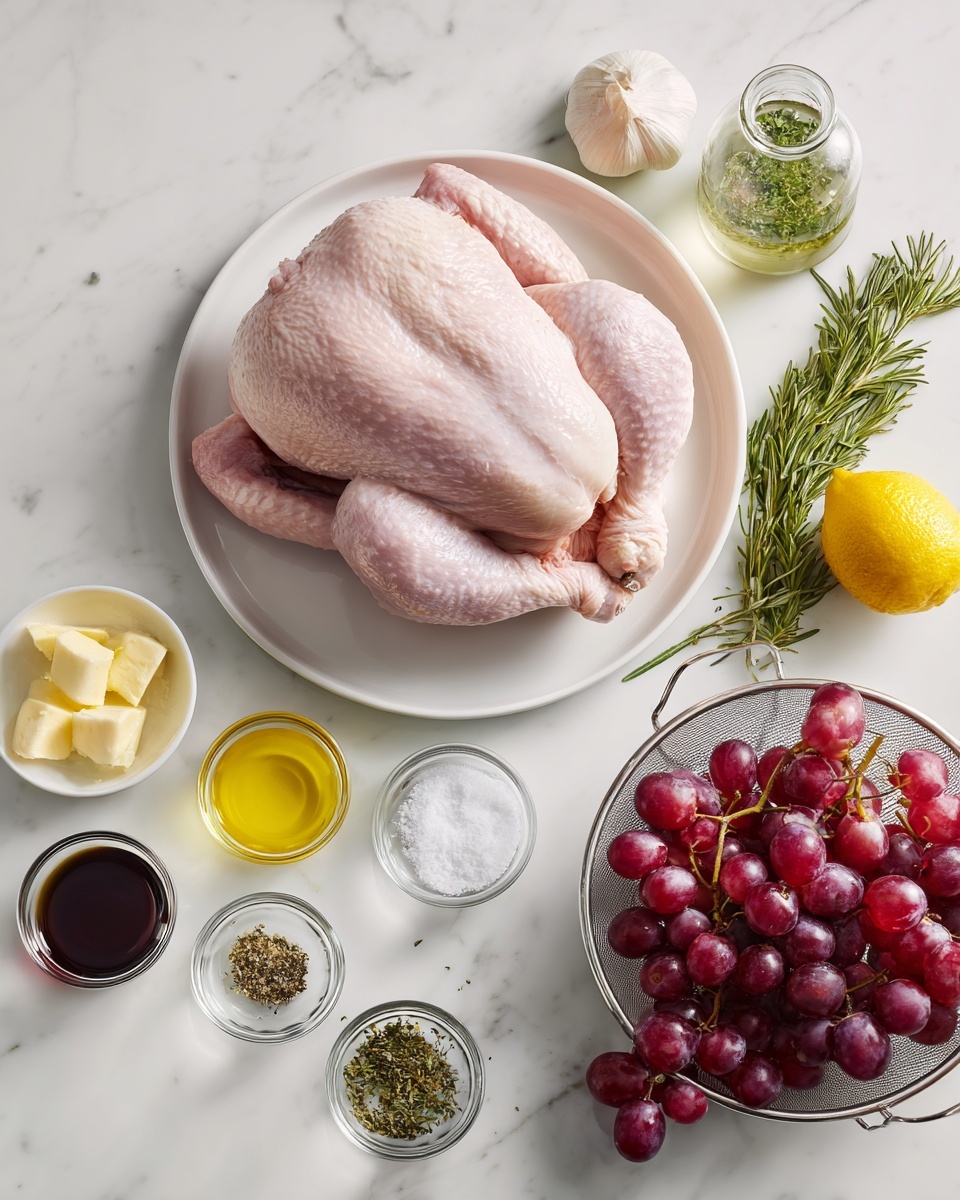 A whole raw chicken with pale pink skin is placed in the middle of a large white plate on a white marbled surface. To the right of the chicken, there is a small bunch of green rosemary in a clear glass, a bright yellow lemon, a bulb of garlic, and a small glass bowl with white salt. Below the chicken, several small clear bowls hold light yellow butter, dark brown balsamic vinegar, green dried herbs, and black pepper. On the bottom right, there is a silver metal colander filled with red and dark purple grapes, some still attached to their light brown stems. The overall scene is bright and clean with a white marbled background, photo taken with an iphone --ar 4:5 --v 7