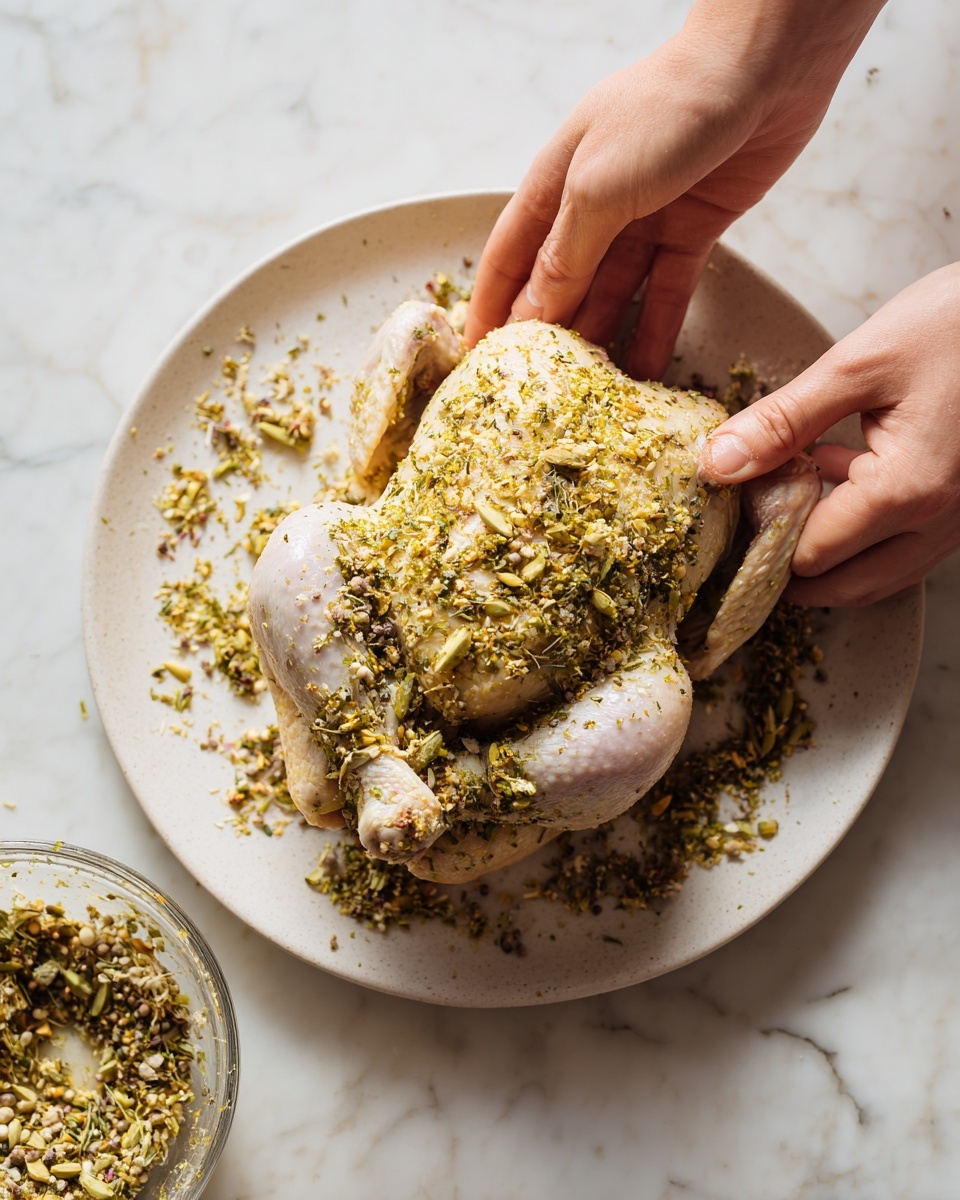 A whole roasted chicken with a golden brown, crispy skin sits at the center of a white round pan, surrounded by a thick layer of red grapes that fill the pan's base. Two fresh green rosemary sprigs rest on top of the grapes around the chicken, adding a pop of color. A half lemon with a bright yellow interior leans against the side of the chicken and grapes, placed inside the pan. The pan is on a white marbled surface with a few rosemary sprigs and a yellow lemon peel scattered nearby, and a clear glass of white wine is visible in the top corner. The overall composition is bright and fresh. photo taken with an iphone --ar 4:5 --v 7