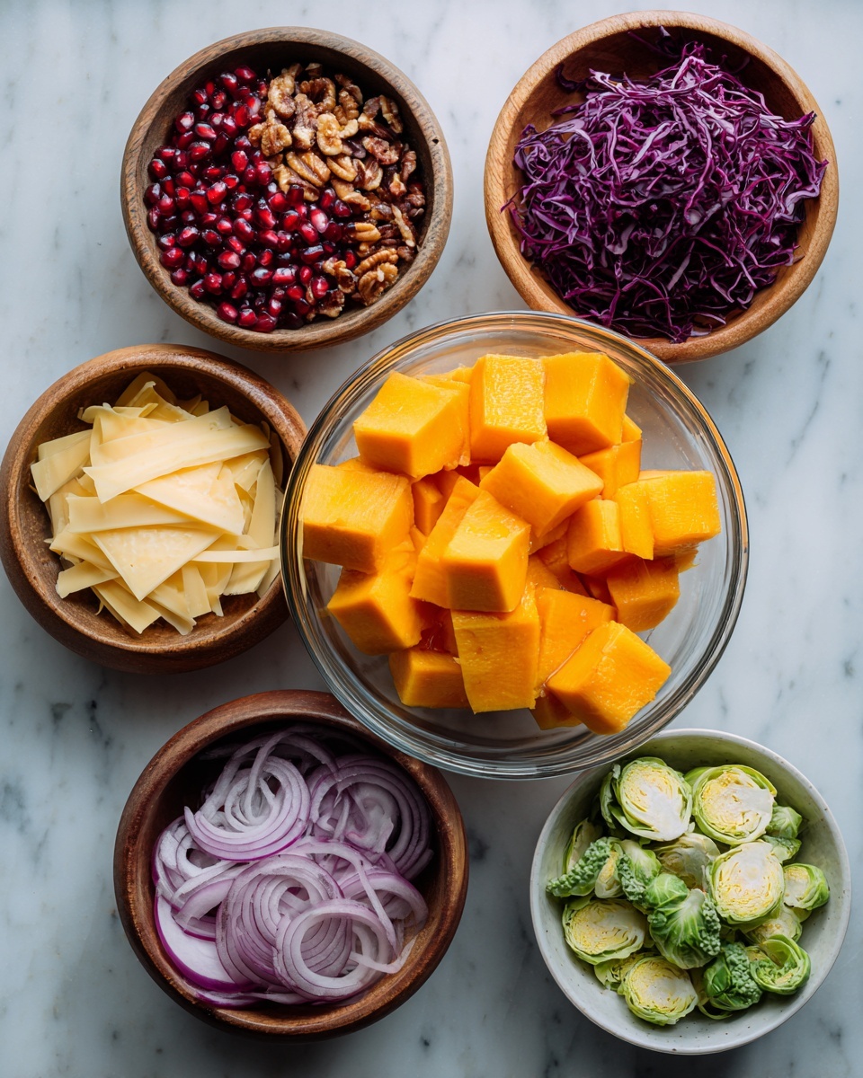A clear glass bowl in the center holds many bright orange cubes, likely squash, with smooth but slightly textured surfaces. Surrounding this bowl are six smaller bowls and some green leafy kale on a white marbled surface. At the top right, a wooden bowl contains deep purple shredded cabbage with thin, curly layers. On the top left, a smaller wooden bowl holds shiny, red pomegranate seeds with smooth, glossy textures. Below it, another wooden bowl contains thin pale yellow slices, possibly cheese, with a smooth, firm texture. At the bottom left, a wooden bowl displays slices of purple and white onion, with shiny and slightly translucent layers. A small dark bowl on the right has mixed nuts with rough, varied textures. At the bottom right, a white bowl contains thinly sliced light green Brussels sprouts, showing layered circular shapes and soft textures. Photo taken with an iphone --ar 4:5 --v 7