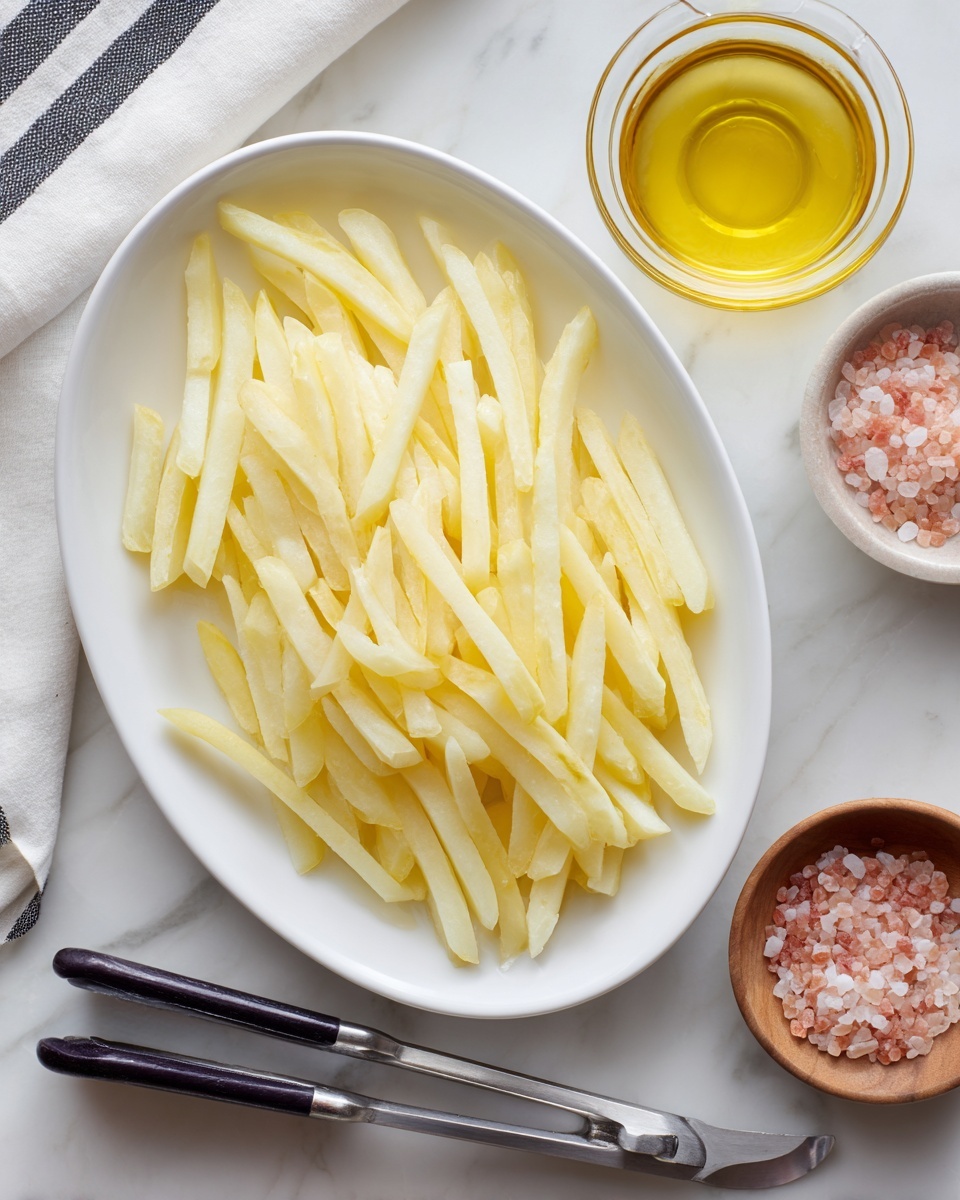 A white oval dish holds a single layer of uncooked pale yellow potato strips shaped like fries. The dish is placed on a white marbled surface. To the right of the dish, there is a small clear glass bowl filled with golden-yellow oil and a small wooden bowl containing pink Himalayan salt crystals. Below the dish, there is a metal tong with black silicone grips. A white cloth with black stripes is partly visible at the top edge of the image. photo taken with an iphone --ar 4:5 --v 7