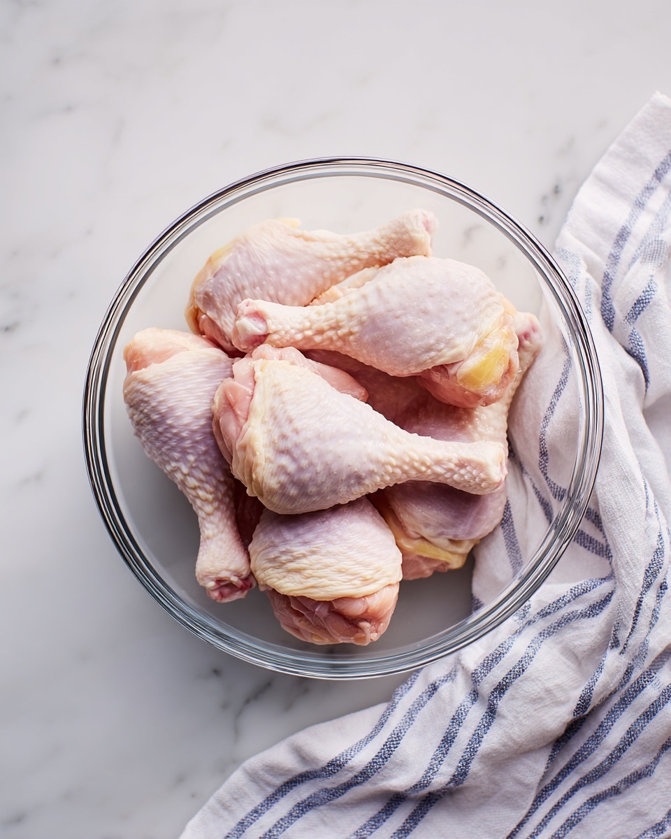 A clear glass bowl in the center of the image holds six raw chicken drumsticks with pale pink skin and some yellowish fat near the top. The bowl sits on a white marbled textured surface, and to the right of the bowl, there is a white cloth with blue stripes casually placed. Photo taken with an iphone --ar 4:5 --v 7