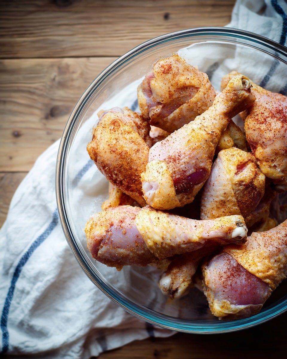 A clear glass bowl filled with raw chicken drumsticks that are lightly coated with a reddish-brown spice mix, the drumsticks showing a mix of pale pink and yellow skin with some white bone tips visible, placed on a wooden surface with a white cloth with blue stripes partially visible on the right side. photo taken with an iphone --ar 4:5 --v 7
