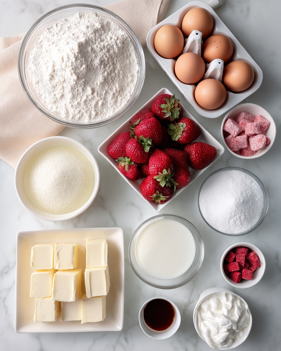A white marbled surface holds an arrangement of baking ingredients in clear and white bowls. In the top left is a large clear bowl filled with white flour, next to it on the right is a similar bowl filled with powdered sugar. Below the flour is a white square bowl filled with bright red strawberries with green tops. In the top right corner, there is a white carton holding four brown eggs on a soft beige cloth. Below the powdered sugar, a white bowl contains a pale yellow liquid, likely melted butter, and next to it is another white bowl filled with white granulated sugar. A smaller white bowl below them contains white liquid, probably milk, and to its right is a clear bowl with white whipped cream or similar substance. To the right of this are small white bowls, one with red freeze-dried strawberries and another with a pink powder, possibly strawberry powder. At the bottom left are several cubes of pale yellow butter in foil wrappers, and near the center bottom, two tiny white bowls contain white salt and a dark brown liquid, likely vanilla extract. Everything is arranged neatly on the white marbled surface, creating a clean and fresh look photo taken with an iphone --ar 4:5 --v 7
