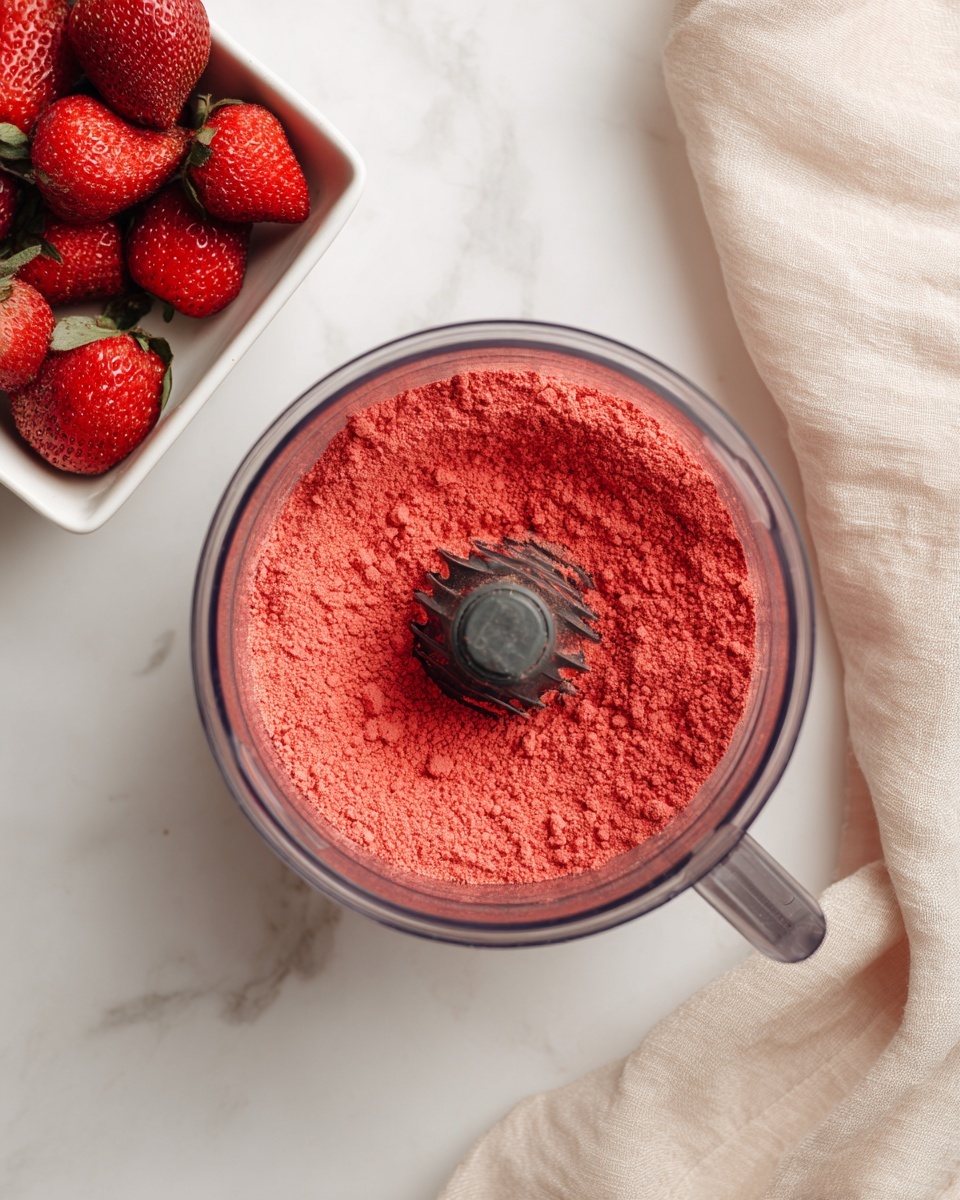 A clear round blender bowl is shown from the top, filled with a fine, bright red powder spread evenly around the curved metal blades inside. In the top left corner, there is a white square bowl with several whole fresh strawberries, and a soft beige cloth occupies the top right corner. All items rest on a white marbled surface. photo taken with an iphone --ar 4:5 --v 7