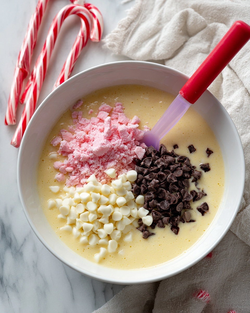 A white mixing bowl sits on a white marbled surface, filled with light yellow batter. Inside the bowl, three separate piles of ingredients rest on top of the batter: crushed pink candy on the left, white chocolate chips on the right, and dark chocolate chunks at the bottom. A red spatula with a transparent purple handle is partially resting in the bowl, touching the white chocolate chips. In the background, two red and white striped candy canes lie on a light cloth. Photo taken with an iphone --ar 4:5 --v 7