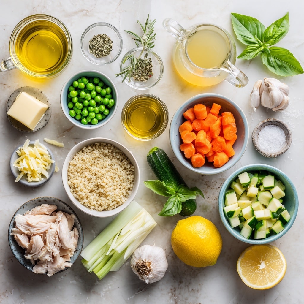 A white bowl filled with a clear broth soup containing shredded light yellow chicken, bright green peas, small pieces of yellow and red vegetables, and some leafy green herbs floating on top. The soup has a slightly oily surface and visible grains that look like quinoa or small pasta. The bowl sits on a beige cloth with a silver spoon resting beside it, and behind the bowl there is a small glass bowl of a light brown grain and half a lemon on a white marbled surface. Photo taken with an iphone --ar 4:5 --v 7