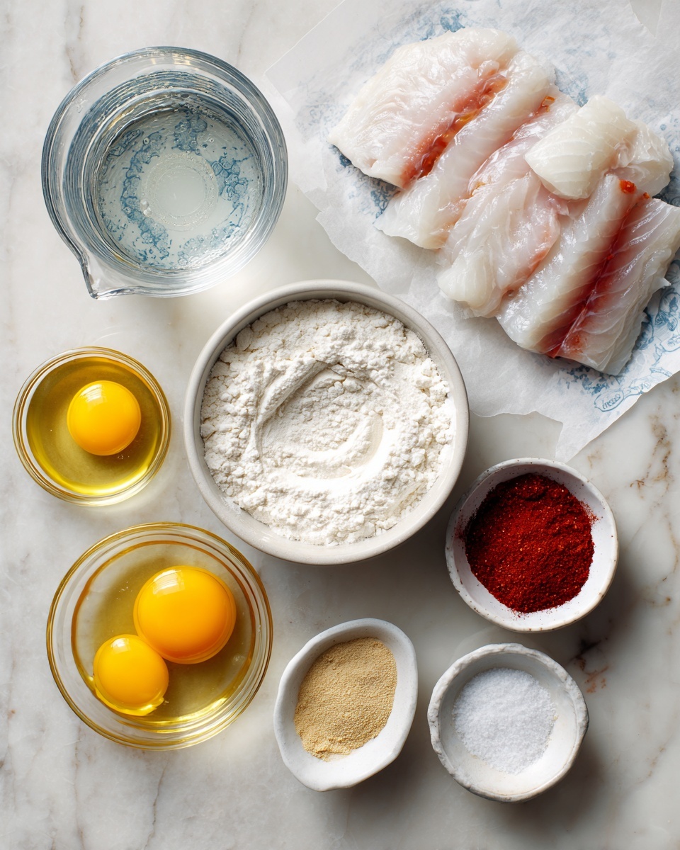 The image shows a flat lay of cooking ingredients on a white marbled surface. At the top right, there are several pieces of raw white fish fillets with a slight pink tinge, placed on white paper with blue print. To the left of the fish, there is a clear glass measuring cup filled with sparkling water. Below the water, there is a small clear glass bowl holding two bright yellow egg yolks. In the center, a medium white bowl is filled with white flour with a spiral texture on top. To the right of the flour bowl, a small white bowl contains layers of red chili powder, white salt, and beige powdered spice. Next to it, a tiny white bowl holds a small amount of white baking powder or similar powder. At the bottom left, a glass measuring cup filled with golden yellow oil is partially visible. The items are arranged with neat spacing, showing clean and fresh ingredients for cooking. Photo taken with an iphone --ar 4:5 --v 7