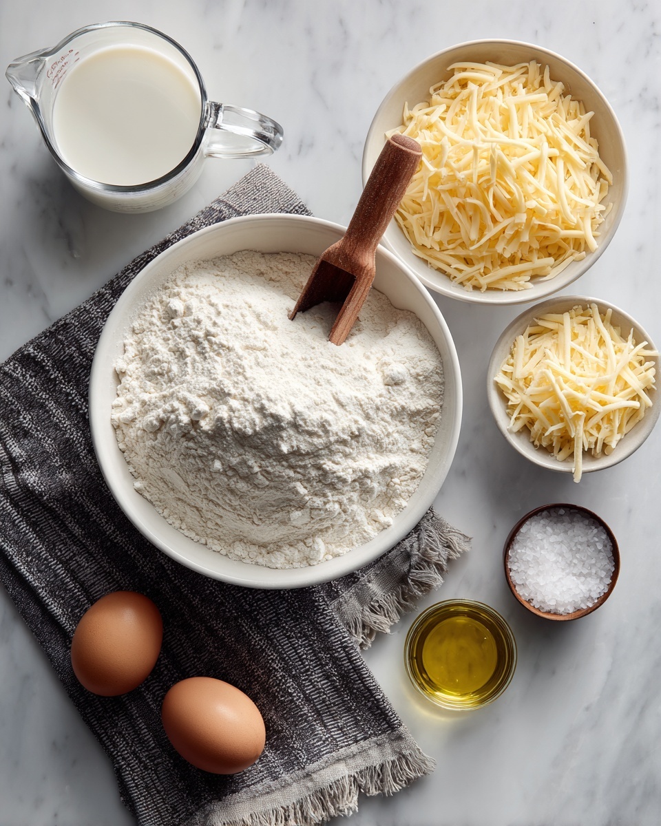 A white bowl filled with a pile of white flour with a wooden scoop resting inside it sits on a gray surface. Above the bowl, there is a glass measuring cup containing milk. To the right of the bowl are two small white bowls filled with shredded cheese, one slightly cheddary and the other pale yellow. Below the bowls, two brown eggs rest on a gray cloth with a herringbone pattern. Next to the eggs is a small clear glass cup filled with oil and a tiny white bowl containing salt. The surface is a white marbled texture photo taken with an iphone --ar 4:5 --v 7