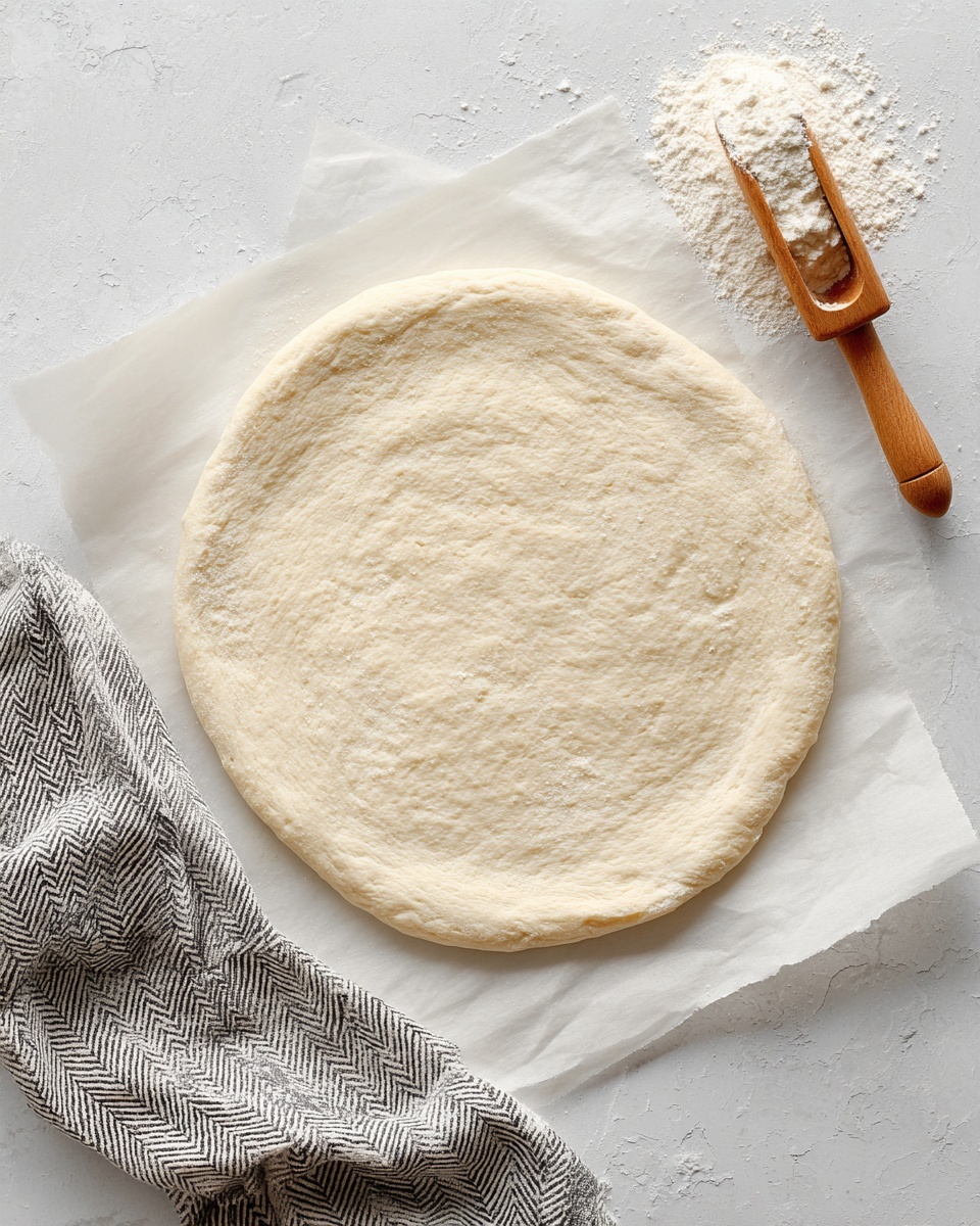 A round pizza dough base with a light beige color, slightly dimpled texture, and a thin edge crust sits flat on white parchment paper over a white marbled surface. The dough looks soft and slightly floured, with a wooden scoop filled with flour resting nearby. A gray cloth with a subtle chevron pattern is draped casually in the bottom left corner. Photo taken with an iphone --ar 4:5 --v 7