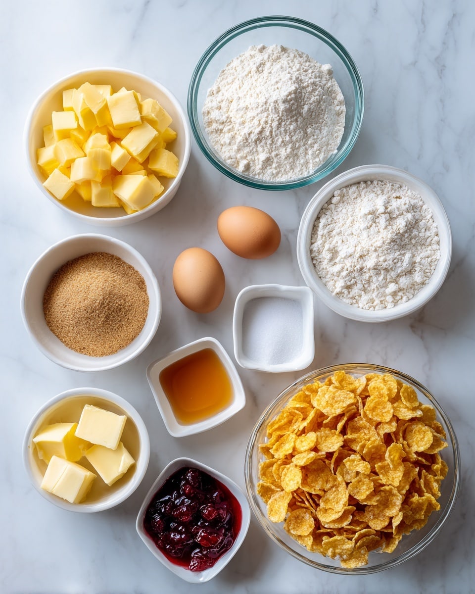 The image shows an overhead view of 11 small bowls and one egg arranged on a white marbled surface. The bowls hold different ingredients with varying colors and textures: on the top left is a bowl with yellow cubed butter, below it a clear bowl with white flour. To the right is a small bowl with white granulated sugar and another small empty white bowl. In the center is an egg on the surface, nearby a small square bowl with light brown ginger powder and another round white bowl with dark red jam or jelly. Below these is a small white bowl with amber-colored honey or syrup, a small empty square bowl, and a small square bowl with light yellow butter cubes. On the far right is a large clear bowl filled with golden cornflakes. The colors are warm and natural, and the setup looks clean and organized. photo taken with an iphone --ar 4:5 --v 7
