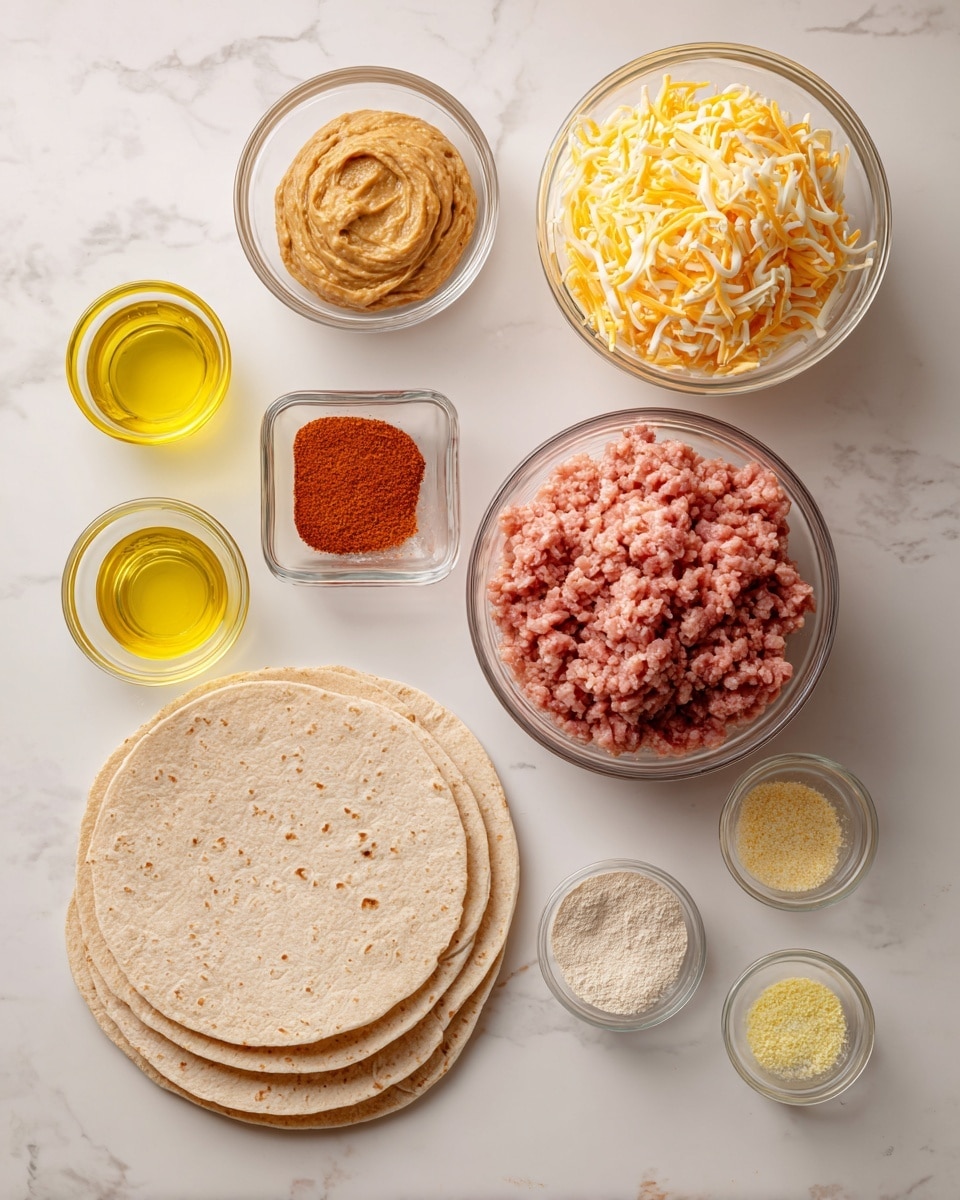 The image shows eight ingredients arranged neatly on a white marbled surface. At the bottom left, there is a stack of two round beige tortillas with a soft texture. To the right of the tortillas, there is a small clear bowl filled with a mound of shredded yellow and white cheese. Above the cheese, a square clear glass container holds a light brown, creamy paste with a smooth but slightly uneven surface. To the left, a smaller round clear bowl contains a bright reddish-orange spice powder. Above the spice, a larger round clear glass bowl is filled with ground pink meat, packed tightly with varied texture. To the left of the meat, there is a medium clear measuring cup with yellow liquid inside. Below this, another medium clear measuring cup contains a clear, colorless liquid. Below the spice bowl, two small clear bowls sit side by side; one contains a pale yellow powder and the other has a small amount of minced yellow garlic. photo taken with an iphone --ar 4:5 --v 7