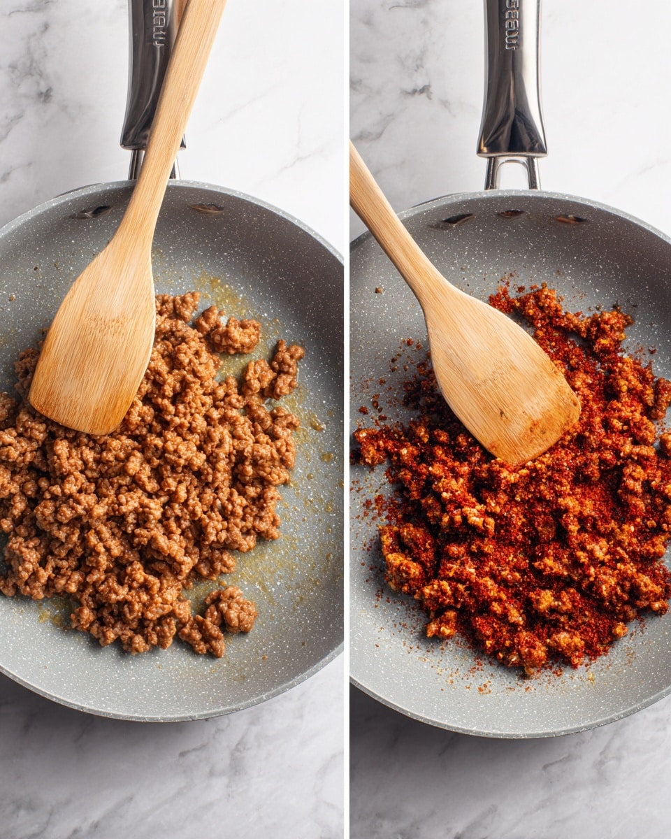 Two images side by side show a gray frying pan on a white marbled surface. The pan contains minced meat in both photos. The left photo shows the meat cooked to a light brown color with a wooden spatula resting partially inside the pan, lifting some of the meat. The right photo shows the same pan and spatula but the minced meat is now a vibrant reddish-brown color, coated with spices, evenly spread in the pan. The wooden spatula is positioned similarly in both images. Photo taken with an iphone --ar 4:5 --v 7