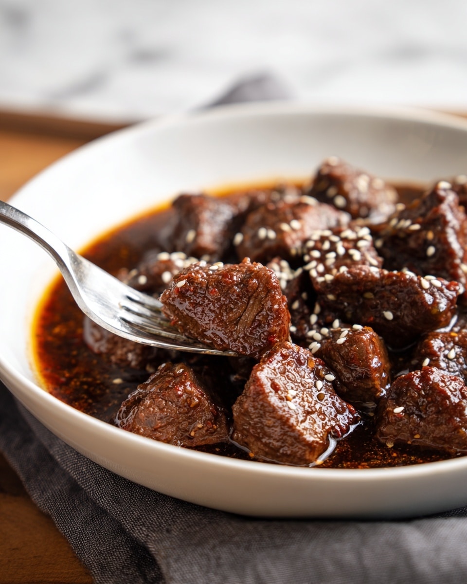 A bowl with a base layer of white, fluffy rice fills the bowl up to the top edge. On top, there is a thick layer of dark brown, tender meat chunks coated in a shiny sauce. The meat is garnished with bright green sliced scallions and a sprinkling of light beige sesame seeds. The bowl is white and sits on a white marbled surface with some blurred green onions in the background. Photo taken with an iphone --ar 4:5 --v 7