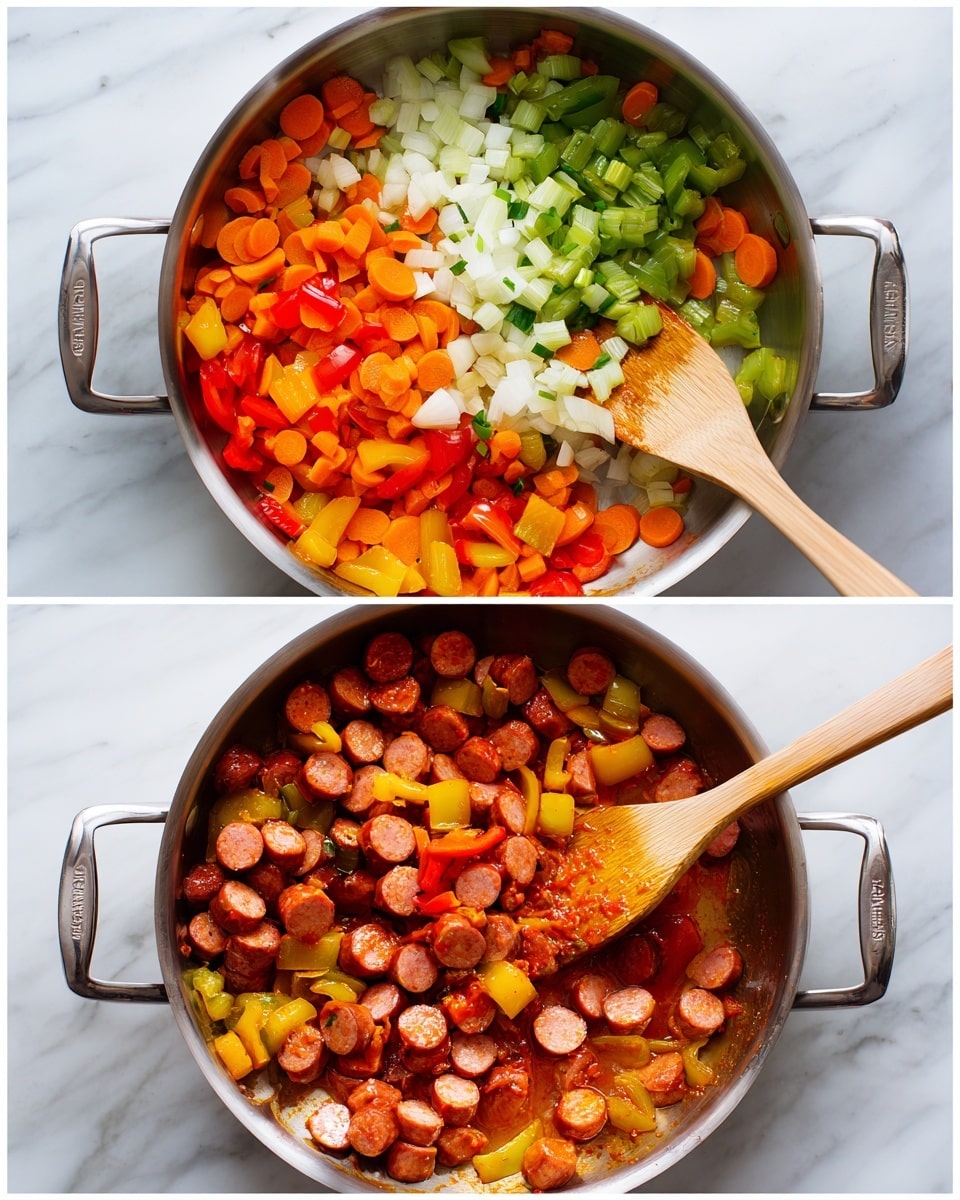 The image shows eleven small containers arranged on a white marbled surface, each holding different cooking ingredients. At the top left, there is a clear measuring cup filled with a golden liquid, likely broth. To its right, a clear bowl holds sliced pink sausage rounds. Below the broth, a small white dish contains a brownish-red powdered spice. To the right of it, a small clear bowl is filled with chopped light green celery. In the center, a tiny white bowl holds thick red tomato paste. To the right of that, a clear bowl is filled with red chopped bell peppers, and below it another clear bowl contains yellow chopped bell peppers. In the middle row, a larger clear bowl holds chopped white onions. Below that, a small clear bowl contains minced garlic. At the bottom left, a white bowl holds uncooked white rice grains. Near the rice, a tiny clear cup has a little bit of yellow olive oil. At the bottom right, a clear bowl contains green chopped fresh herbs. All containers and ingredients are neatly placed with bright colors against the simple white marbled background. photo taken with an iphone --ar 4:5 --v 7