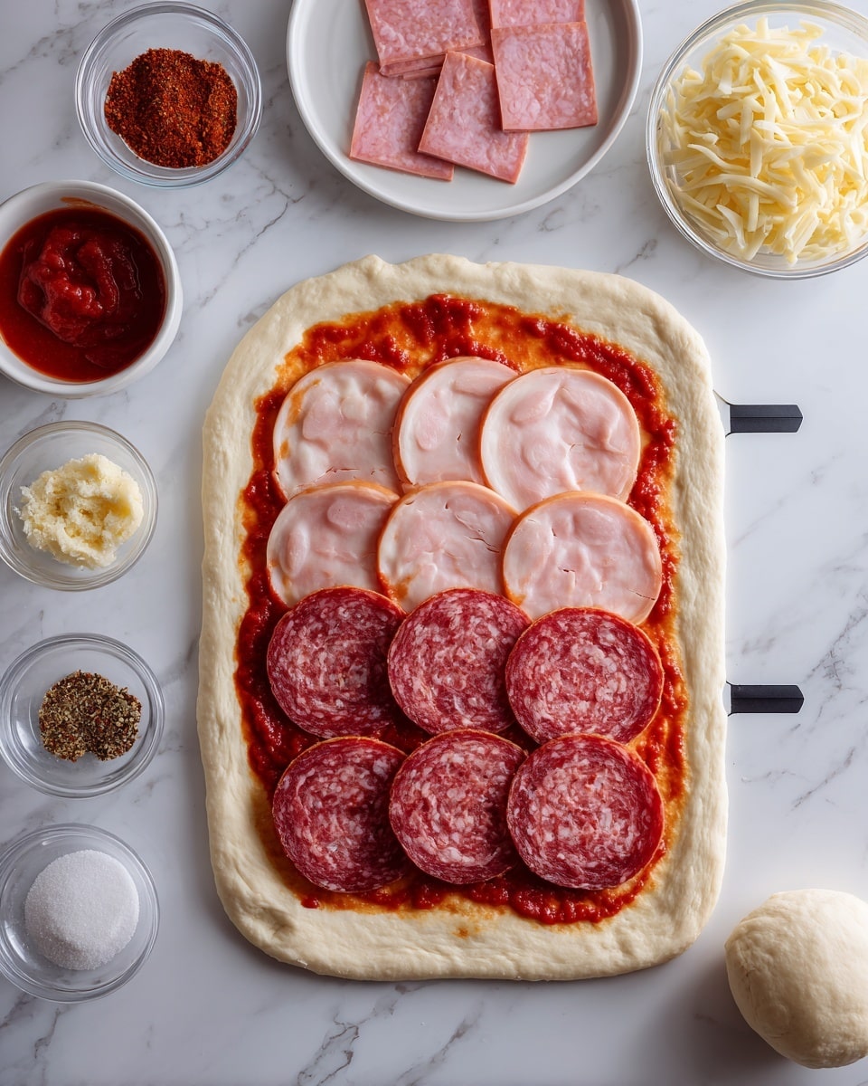 The image shows a pizza being made on a white marbled surface with a black circular measuring mat underneath the dough. The pizza has four main layers: the bottom layer is pale raw dough shaped in a rough rounded rectangle with slightly raised edges; above it spreads a thin layer of bright red tomato sauce visible mostly around the edges; next, a layer of large circular slices of light pink ham covers most of the dough; on top of the ham is a layer of darker red salami slices arranged neatly to cover the ham completely. The left side of the image shows the ingredients for the pizza on small white plates and clear bowls, including folded slices of pink ham, red salami, pale yellow cheese slices, a ball of dough, red tomato sauce, and small bowls with spices and salt. Photo taken with an iphone --ar 4:5 --v 7
