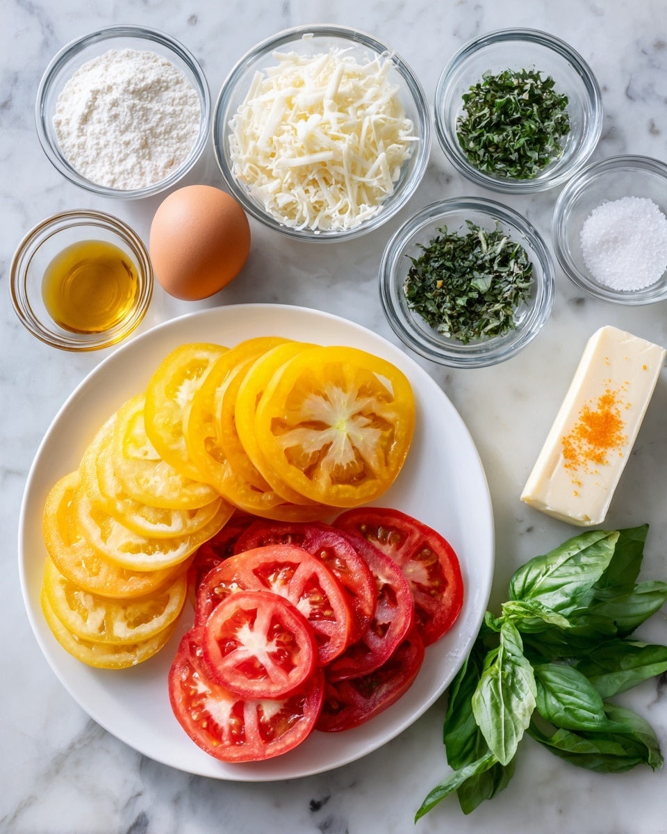 A top-down image showing many ingredients on a white marbled surface. At the center, there is a white plate with two layers of tomato slices: the left side has bright yellow tomato slices stacked in two layers, while the right side has red tomato slices layered. Around the plate, there are several small clear glass bowls containing white flour (top left), a brown egg (bottom left), chopped green herbs (top right), grated cheese (middle right), salt (bottom left), vinegar (bottom middle), and water (bottom right). There are also fresh basil leaves placed near the bottom left and a stick of butter with orange markings at the bottom center. Photo taken with an iphone --ar 4:5 --v 7
