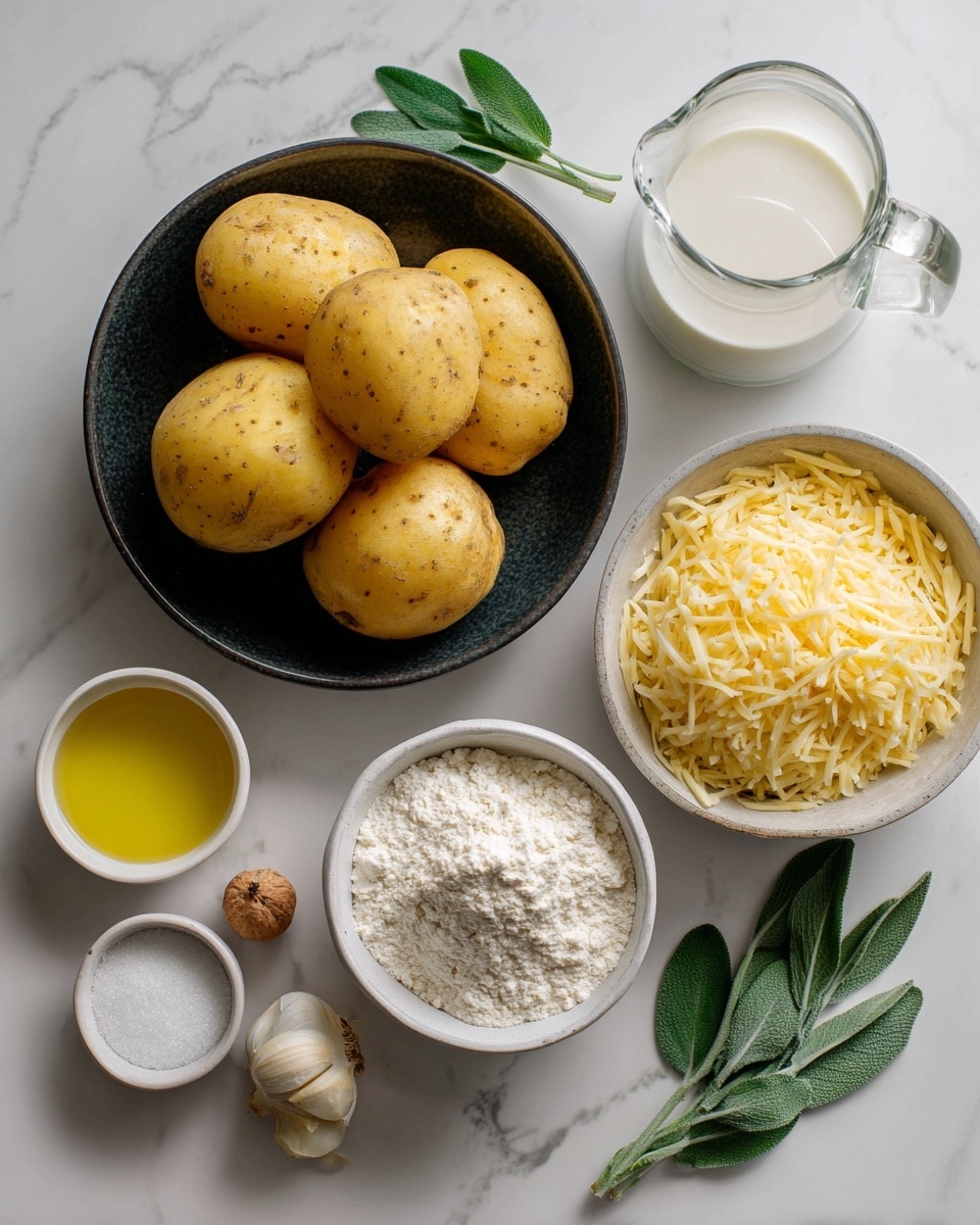The image shows an arrangement of ingredients on a white marbled surface. At the center, a dark bowl holds six golden-yellow potatoes. To the right, there is a white bowl filled with shredded pale yellow cheese and a smaller white bowl with flour. Above the potatoes, there is a clear glass measuring cup with a handle filled with white milk. To the left, a small white bowl contains yellow olive oil, and below it there is another small white bowl with white salt. Near these, three garlic cloves and a small piece of nutmeg are placed beside fresh green sage leaves. The colors range from earthy yellows and greens to white, all bright and clear. photo taken with an iphone --ar 4:5 --v 7
