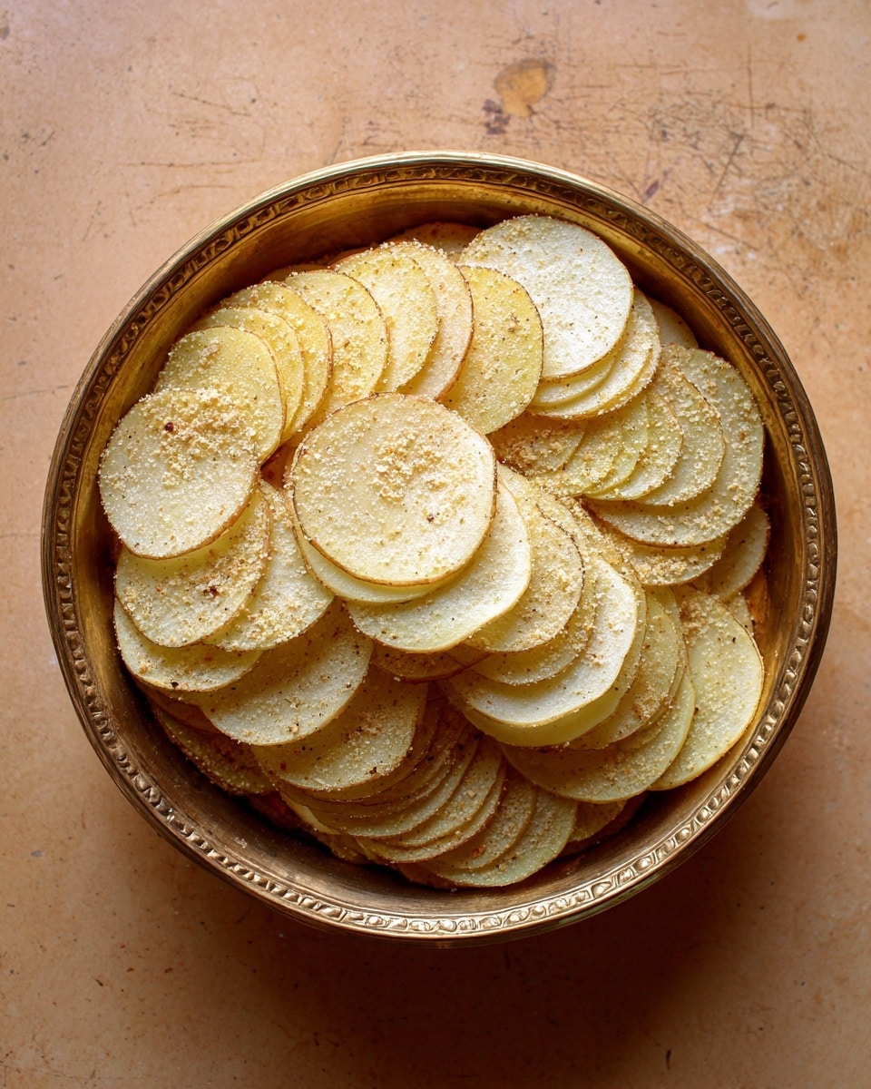 A brass bowl filled with many thin, pale yellow potato slices stacked closely in layered circles, each slice covered lightly with a crumbly light beige seasoning. The bowl sits on a warm beige surface with small scratches and light spots. photo taken with an iphone --ar 4:5 --v 7