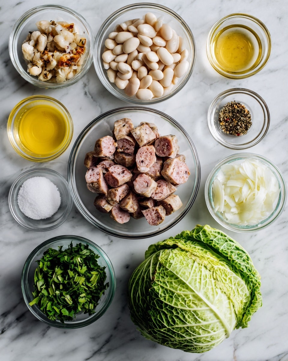 The image shows a variety of ingredients arranged neatly on a white marbled surface. In the center, there is a clear glass bowl filled with sliced sausage, showing a mix of brown and light pink colors. Around it, several smaller clear bowls hold different ingredients: white beans, chopped shallots, chopped green herbs, yellow mustard, and clear liquids which look like oil and vinegar. There are also small white bowls containing salt and black pepper. On the right side sits a whole green cabbage with tightly packed leaves. The colors are earthy and natural, with a mix of white, green, yellow, and brown tones. photo taken with an iphone --ar 4:5 --v 7