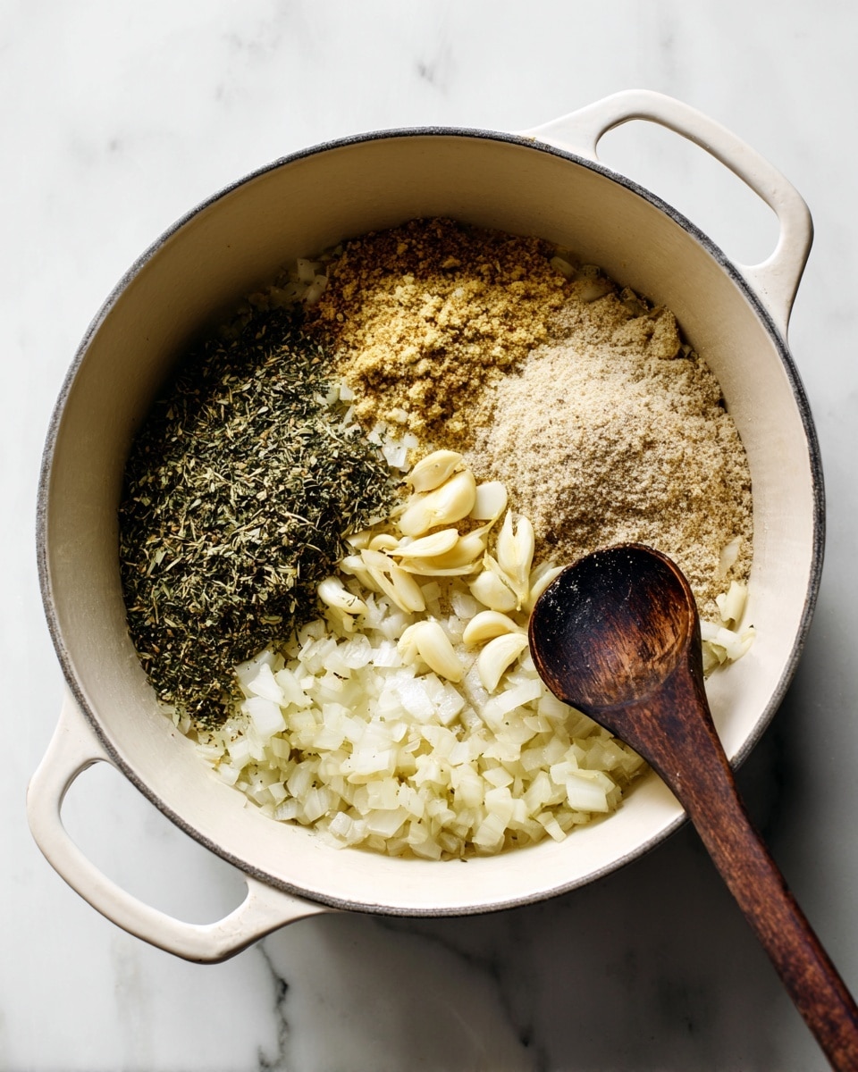 A white pot with two handles sits on a white marbled surface, filled with three main layers of chopped onions, dry herbs, and sliced garlic. The bottom layer has soft, light brown chopped onions spread evenly across the pot. On top of the onions, towards the left side, is a layer of dried green herbs with a coarse texture. Above the herbs and closer to the center are thin, small slices of pale yellow garlic. To the right of the herbs and garlic, there is a mound of fine, light brown ground spices. A dark wooden spoon rests on the right side of the pot, touching the onions and spices. Photo taken with an iphone --ar 4:5 --v 7