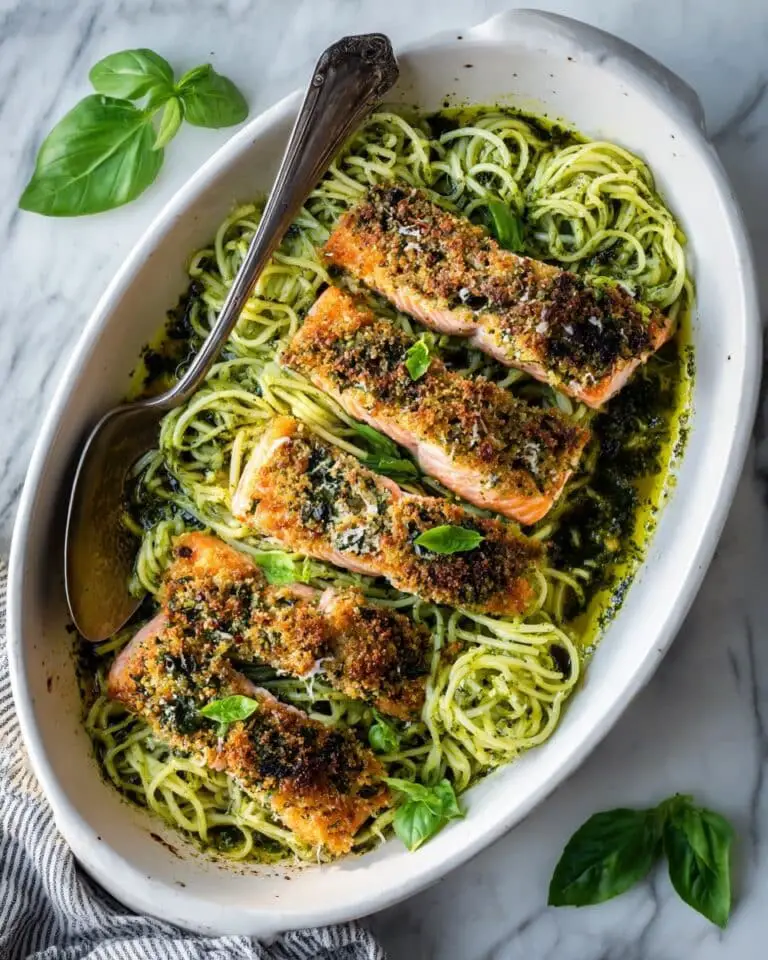 Salmon Pesto Pasta with Crispy Panko Topping and Zucchini Noodles Recipe