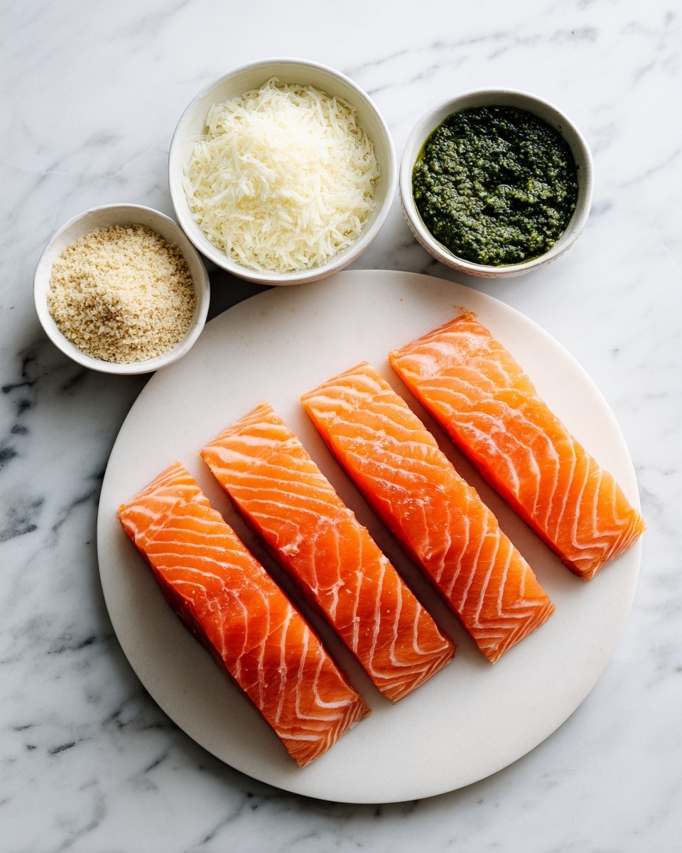 The image shows five pieces of bright orange salmon with light white lines lying side by side on a round white plate. Above the plate, three small white bowls hold different ingredients: the left bowl contains light brown breadcrumbs, the middle bowl holds grated white cheese, and the right bowl is filled with thick dark green pesto sauce. All items rest on a smooth white marbled surface. photo taken with an iphone --ar 4:5 --v 7