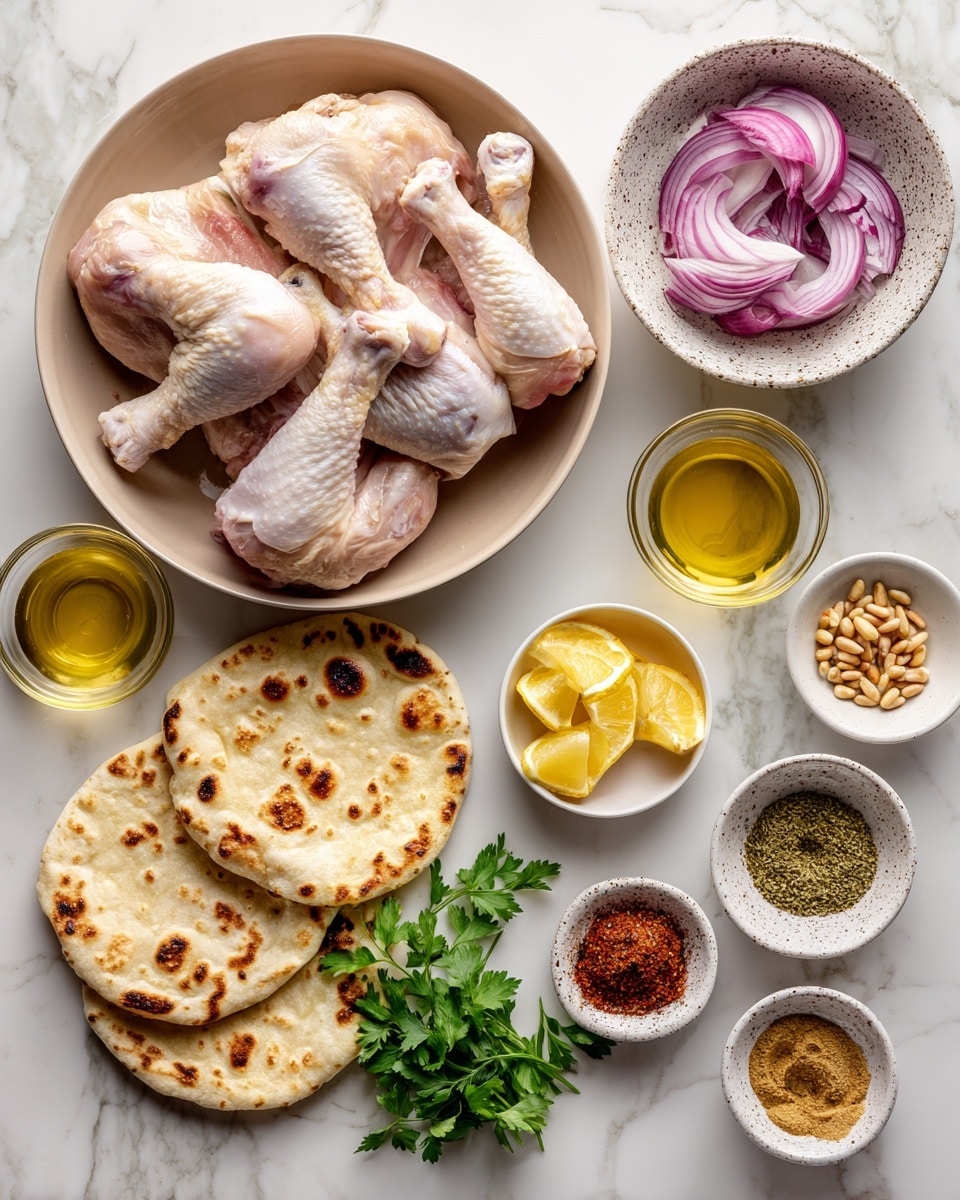The image shows several ingredients arranged on a white marbled surface: in the top left, a large beige bowl holds raw chicken thighs and drumsticks with pale skin; below it, two pieces of flatbread with golden brown spots rest flat; to the right of the bread, fresh green parsley lies loose; next, a small white bowl contains lemon wedges; above it, a clear cup filled with light brown tahini sauce sits; to the upper right, a speckled bowl holds thinly sliced red onions that are purple and white; nearby, small bowls contain different spices in red, brown, and white powders; a small amount of minced garlic is in a tiny beige bowl; golden pine nuts are in a clear glass bowl; and a small glass bowl of olive oil appears near the top center. Photo taken with an iphone --ar 4:5 --v 7