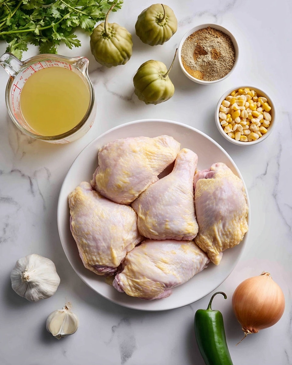 The image shows a white plate holding four raw chicken pieces with pale pink and yellow skin, placed in the center of a white marbled surface. Around the plate, there is a clear measuring cup filled with light yellow broth on the left, fresh green tomatillos with their papery husks, three dark green chili peppers, a whole white onion, a small white bowl filled with ground spices, a half-opened can of pale corn kernels, a small white bowl with pumpkin seeds, a head of garlic, and a bunch of fresh green cilantro at the top left corner. All ingredients are arranged neatly on the white marbled surface, ready to be cooked. photo taken with an iphone --ar 4:5 --v 7