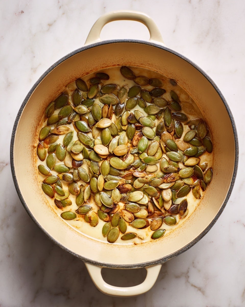 Inside a light cream cooking pot with a smooth surface and two handles, there is a single layer of pumpkin seeds being toasted. The seeds are oval shaped with a mix of green and golden brown tones, some lightly charred. The pot sits on a white marbled top, showing slight browning marks from cooking. The seeds are spread mostly on one side, leaving the rest of the pot's interior clear. photo taken with an iphone --ar 4:5 --v 7