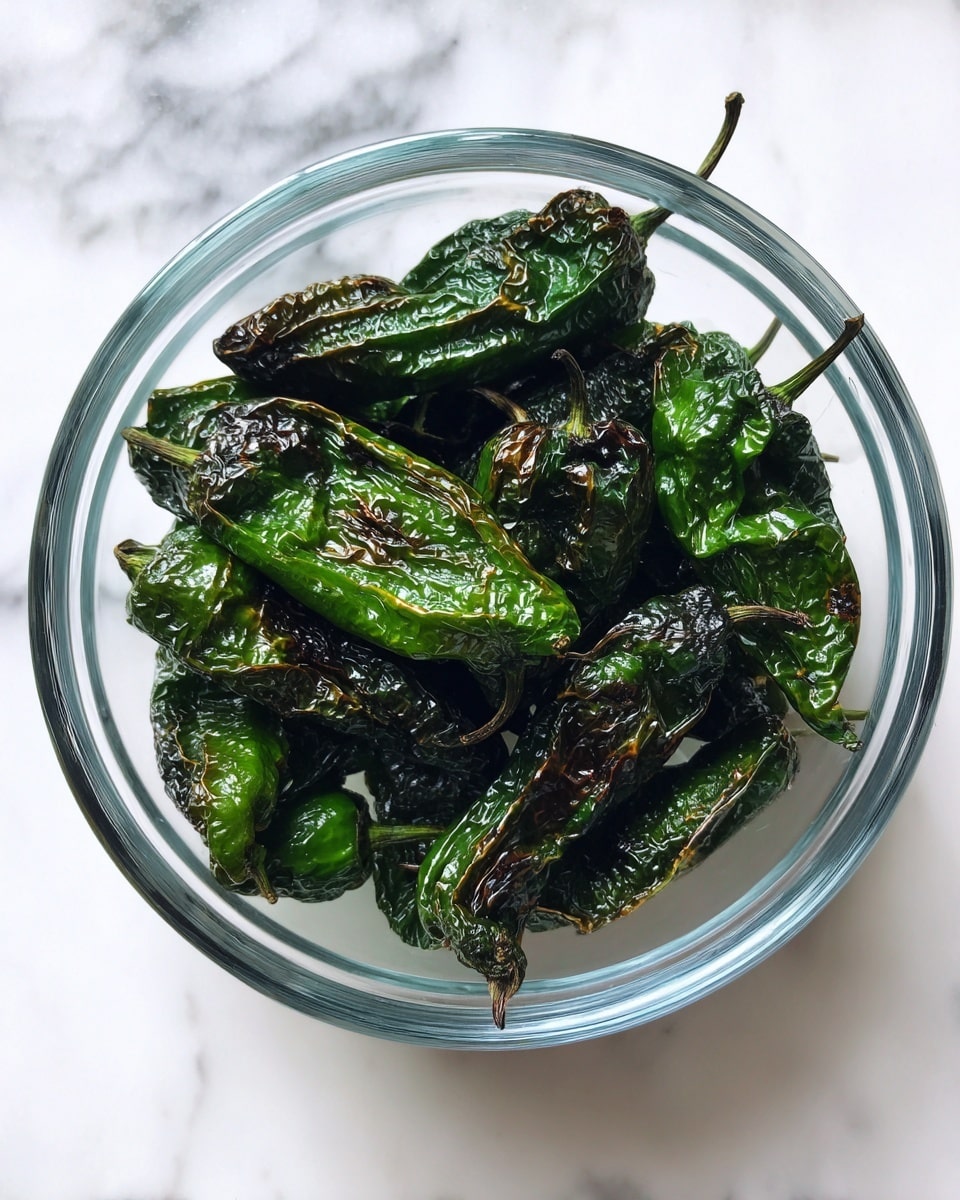 The image shows a clear glass bowl placed on a white marbled surface, filled with several charred green peppers. The peppers are dark green with blackened spots and wrinkles, showing they have been roasted. The bowl is round and transparent, and there is no other object visible in the image. Photo taken with an iphone --ar 4:5 --v 7