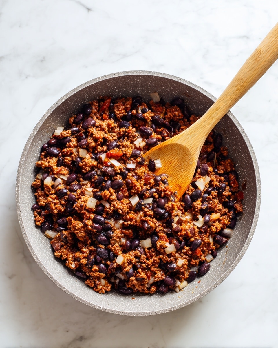 A gray pan filled with cooked ground meat, small white diced pieces, and black beans, mixed together with a light wooden spoon that rests inside the pan. The background is a white marbled surface, providing a clean and bright setting. photo taken with an iphone --ar 4:5 --v 7
